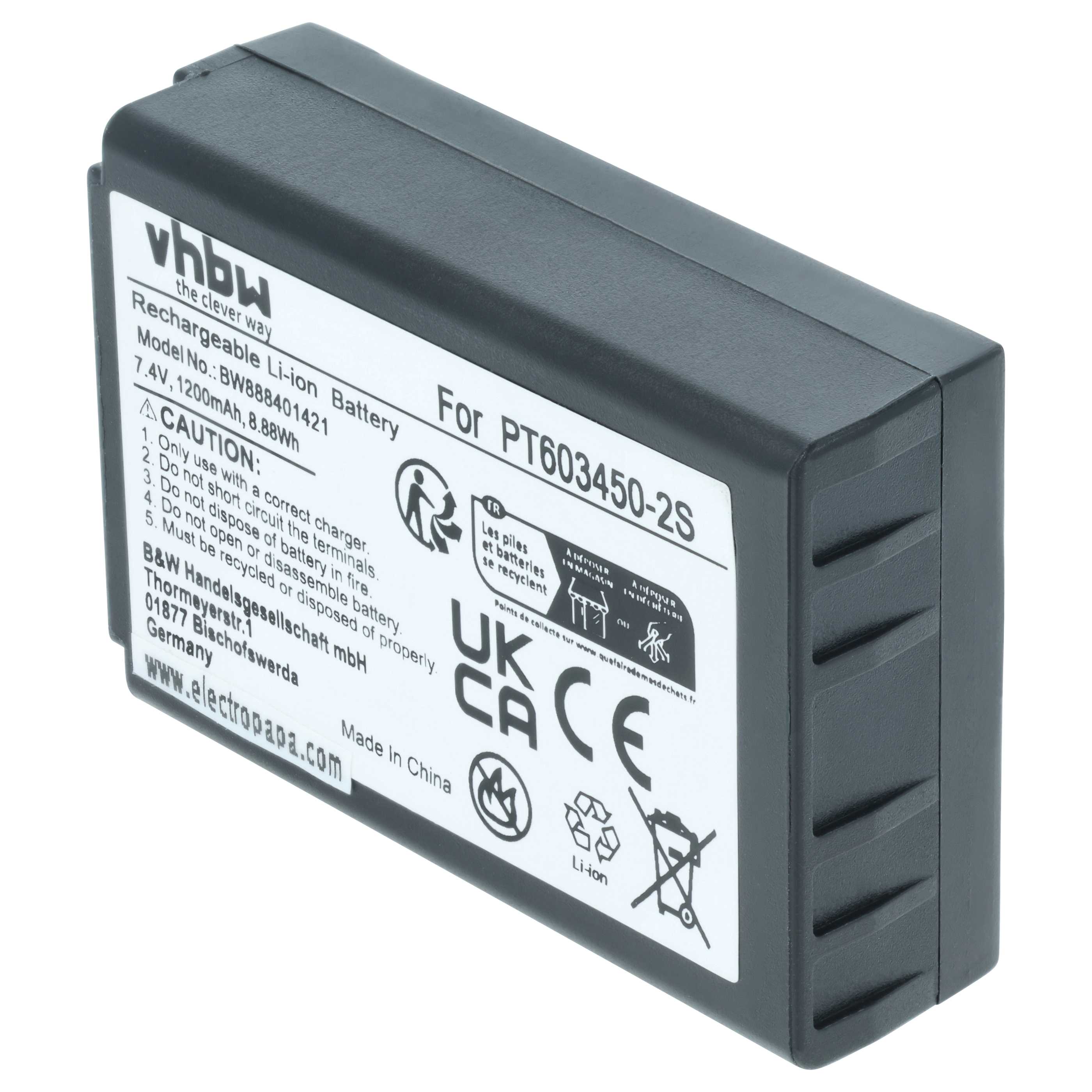 Batería reemplaza CEM PT603450-2S para dispositivo medición (1200 mAh, 7,4 V, Li-Ion)