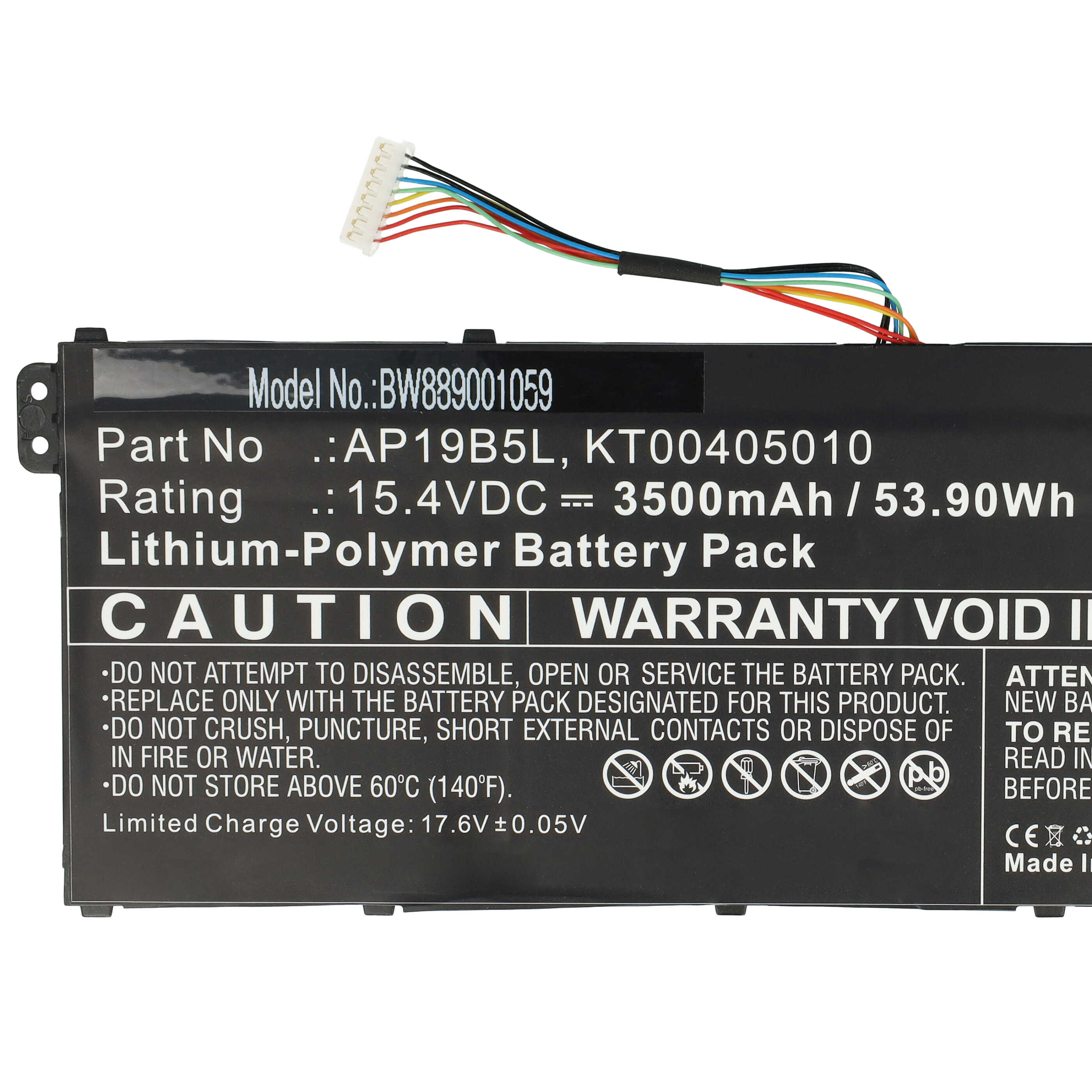 Batterie remplace Acer KT00405010, AP19B5L pour ordinateur portable - 3500mAh 15,4V Li-polymère