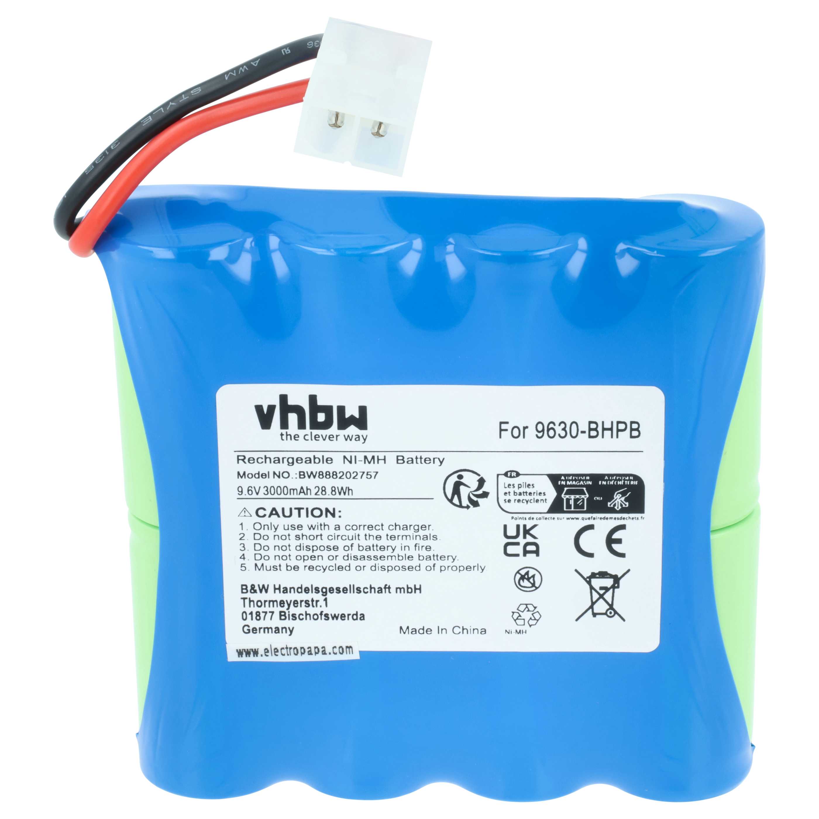 Batteria per pulitrice sostituisce Water Tech 9630-BHPB - 3000mAh 9,6V NiMH
