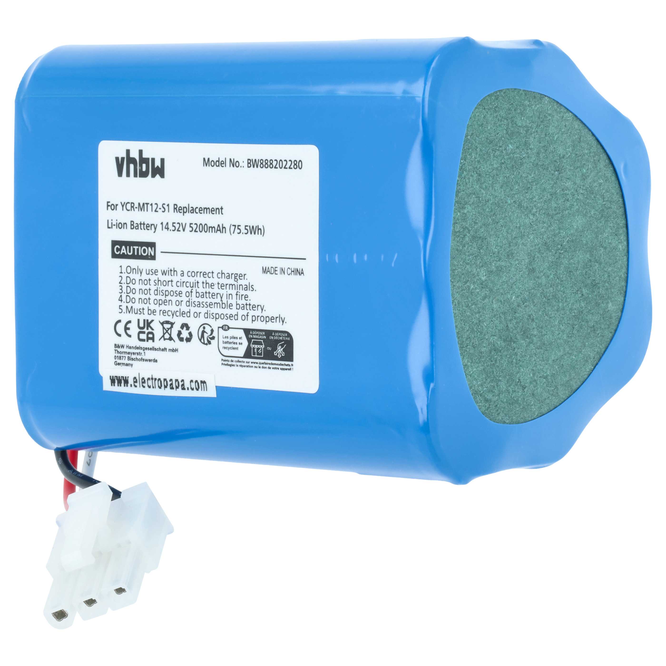 Battery replaces iClebo YCR-MT12-S1, YCR-M07-20W for iClebo etc. 5200mAh, 14.52V, Li-Ion