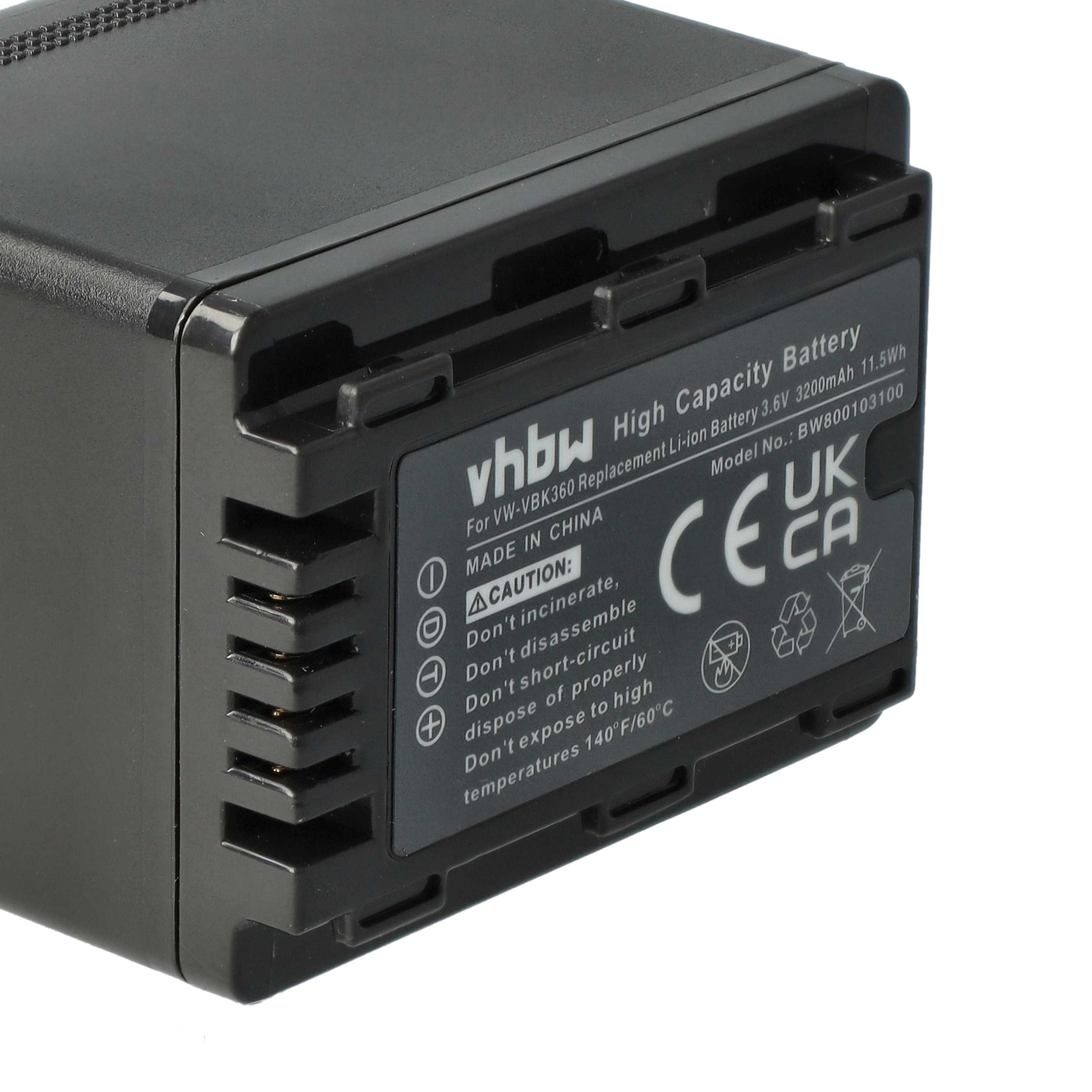 Videocamera Battery replaces Panasonic VW-VBK360, VW-VBK180, VW-VBK180-K, VW-VBK360-K - 3200 mAh 3.6 V Li-Ion