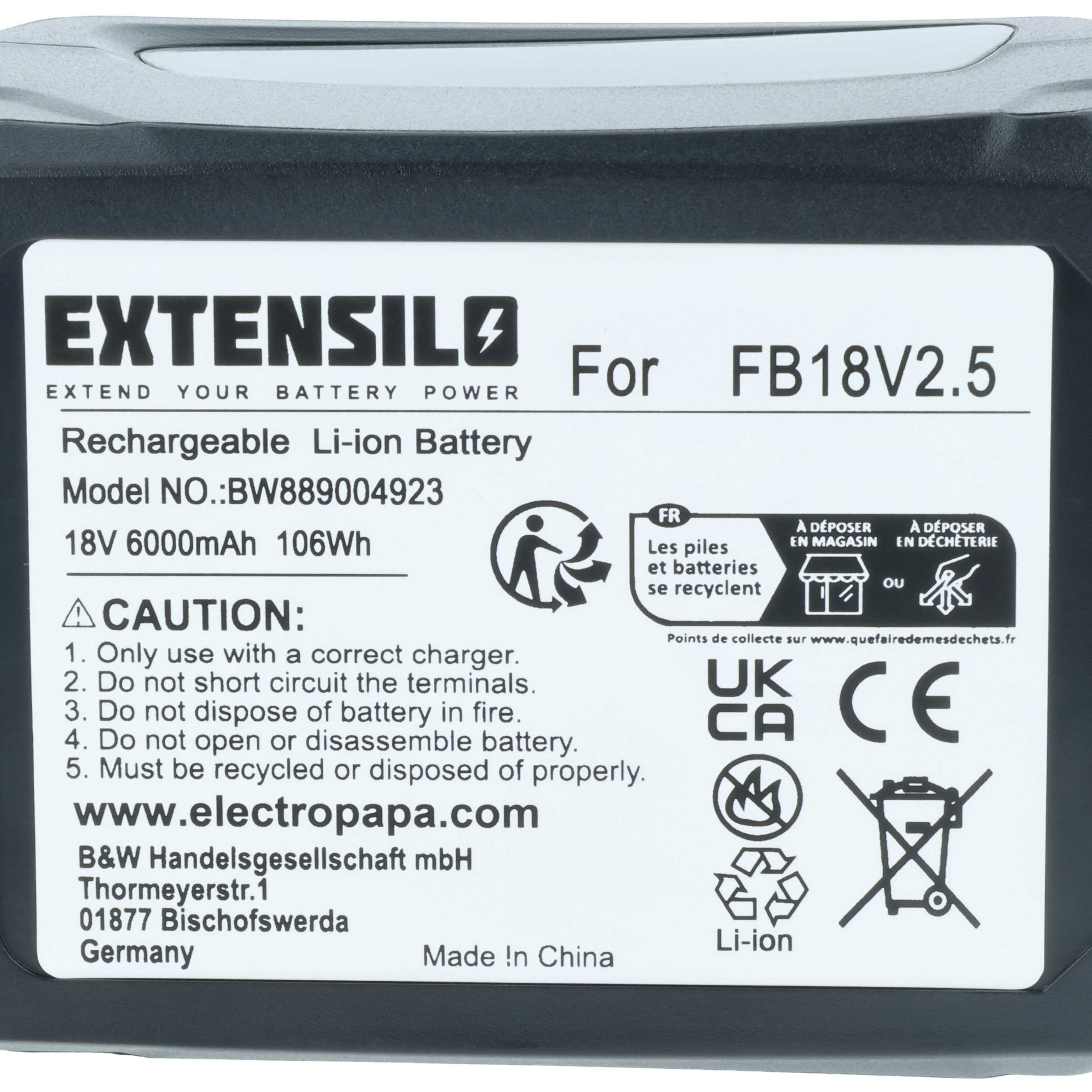 Battery replaces Flymo FB18V2.5 - 6000 mAh 18 V Li-Ion, black