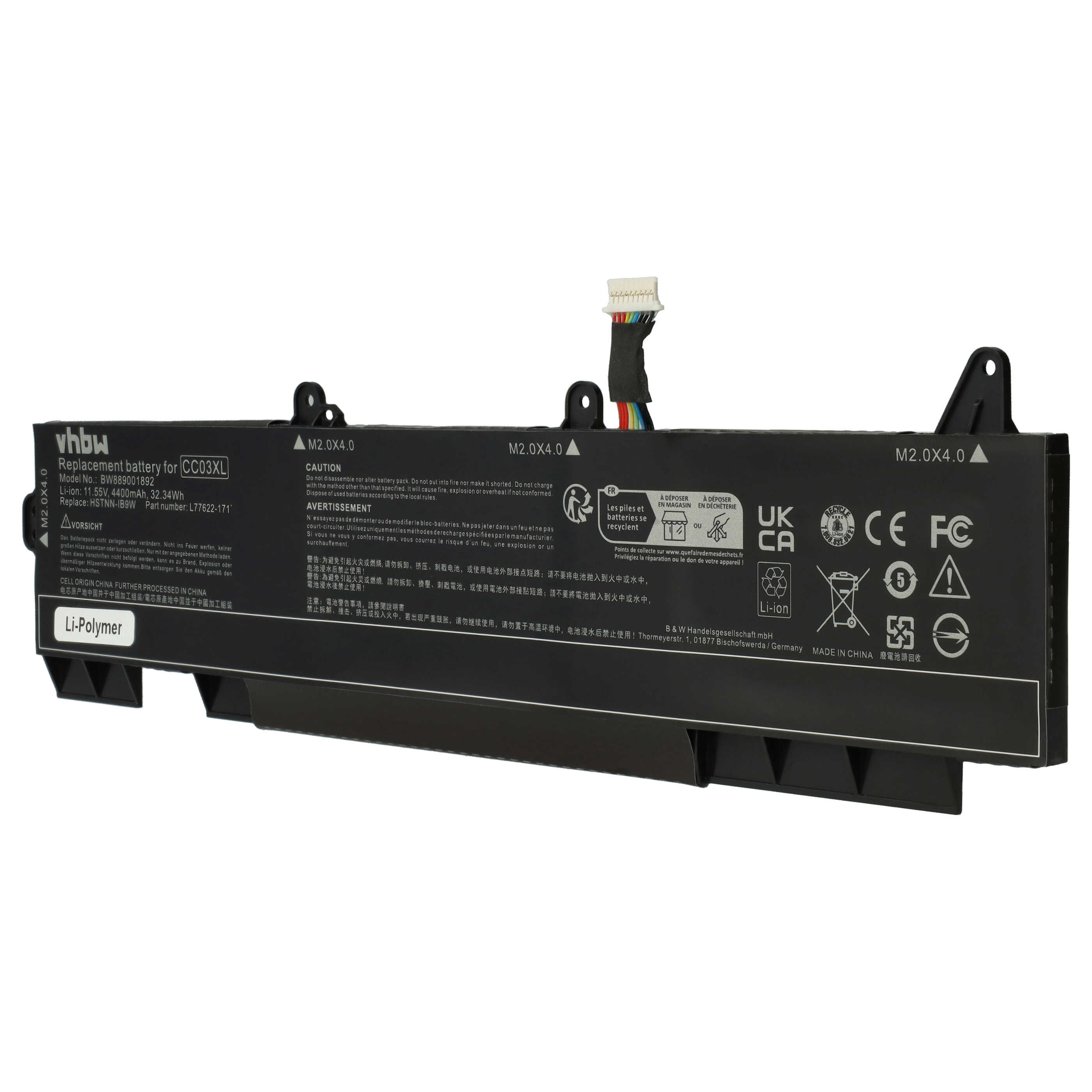 Notebook Battery Replacement for HP CC03XL (Typ B), CC03056XL-PL, CC03056XL - 4400 mAh 11.55 V Li-polymer