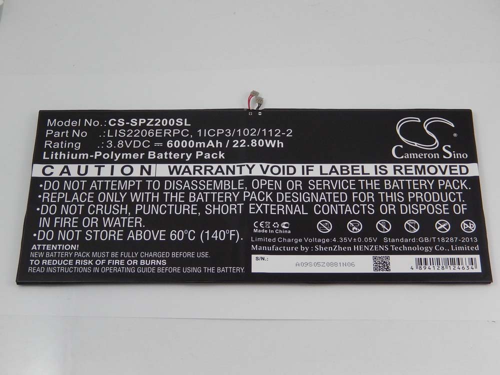 Tablet Battery Replacement for Sony LIS2206ERPC, 1277-3631.1B, 1ICP3/102/112-2 - 6000mAh 3.8V Li-polymer