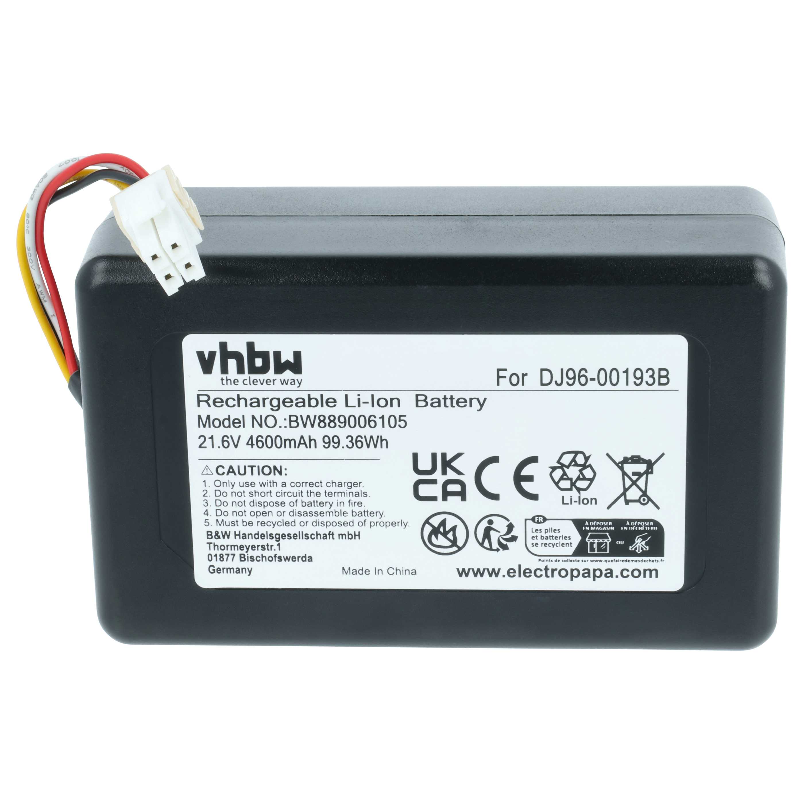Battery replaces Samsung DJ96-00193F, DJ96-00193B, DJ68-00741V-00, VCA-RBT72 for Samsung 4600mAh, 21.6V, Li-Ion
