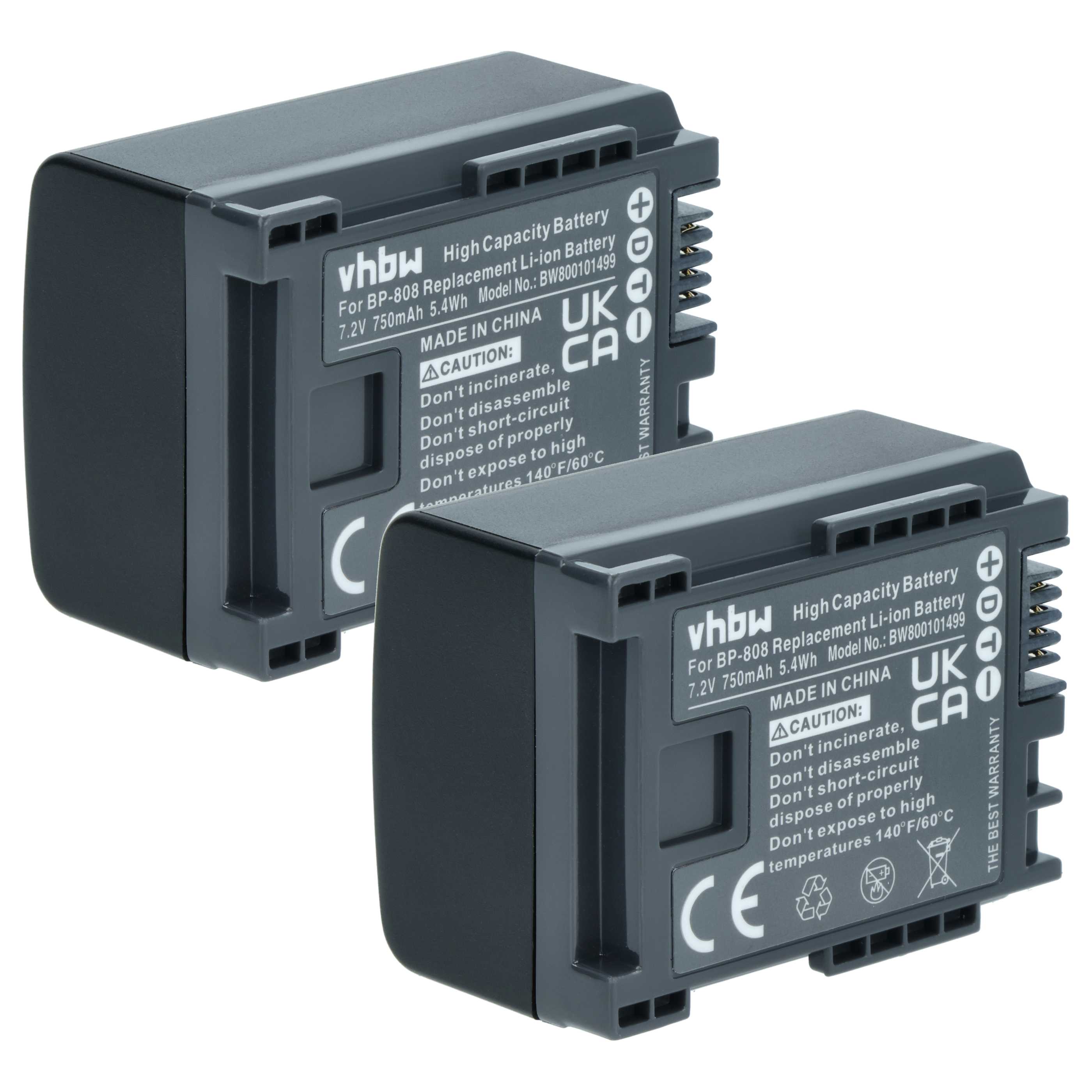 2x Batería reemplaza Canon 2740B002, BP-808 para videocámara - 750 mAh 7,2 V Li-Ion
