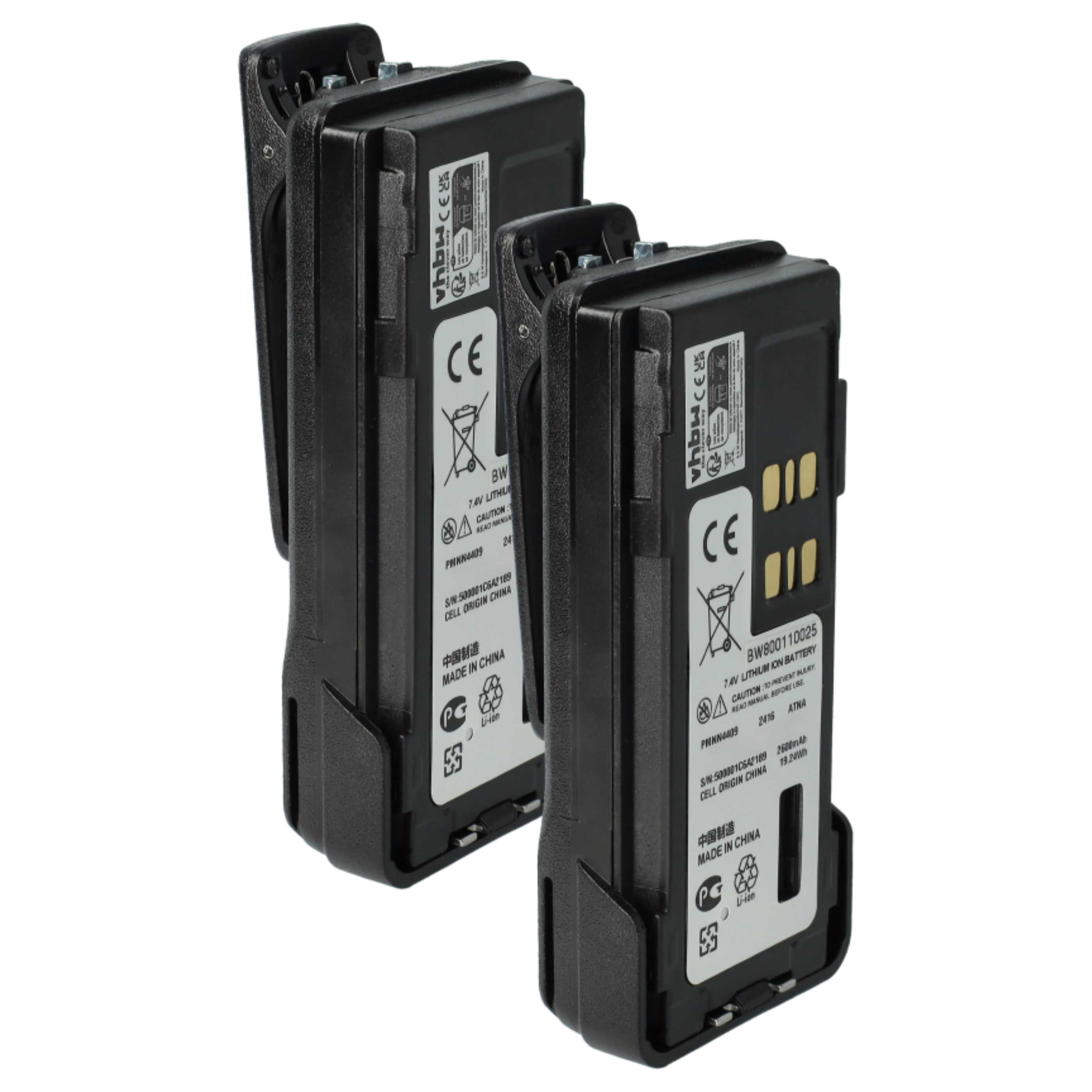 Radio 2x Battery replaces Motorola PMNN4406, PMNN4406BR, PMNN4409 - 2600 mAh 7.4 V Li-Ion + Belt Clip