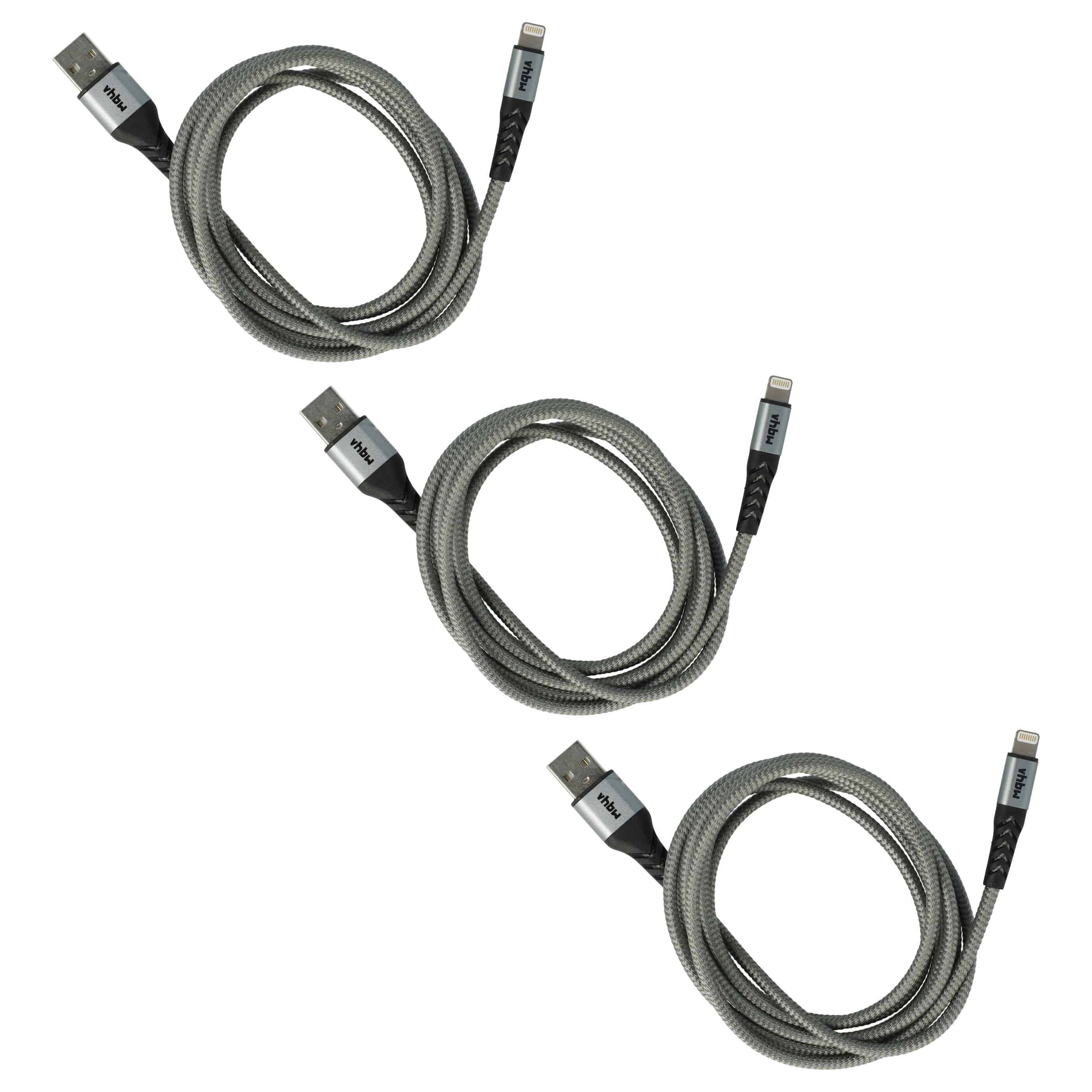 3x Lightning Kabel auf USB A passend für Apple AirPods Apple iOS Geräte - Schwarz Grau, 180cm