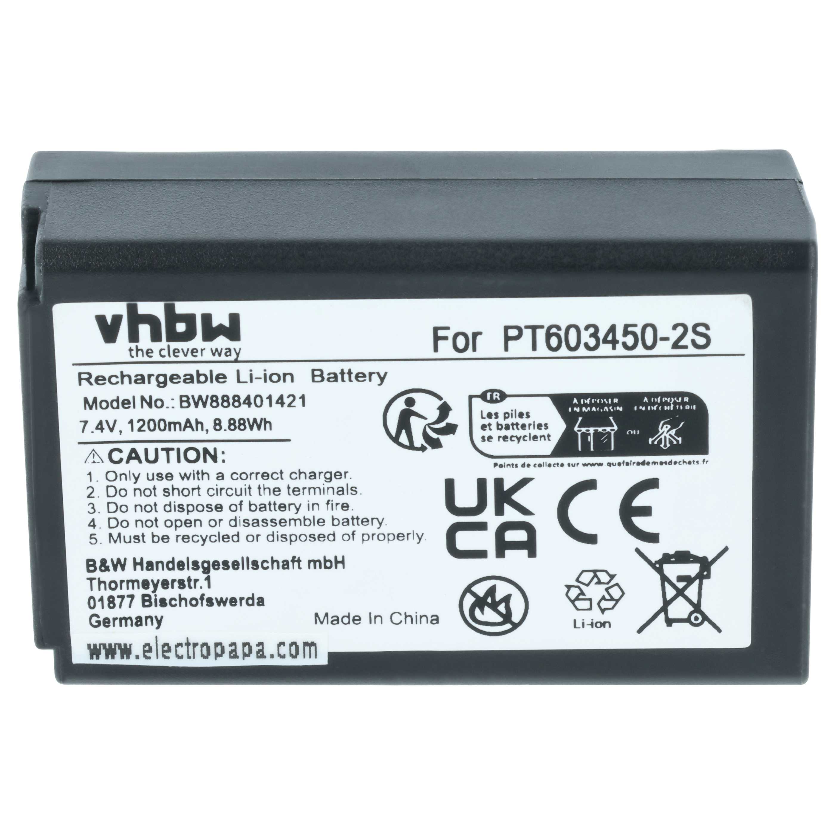 Batería reemplaza CEM PT603450-2S para dispositivo medición (1200 mAh, 7,4 V, Li-Ion)