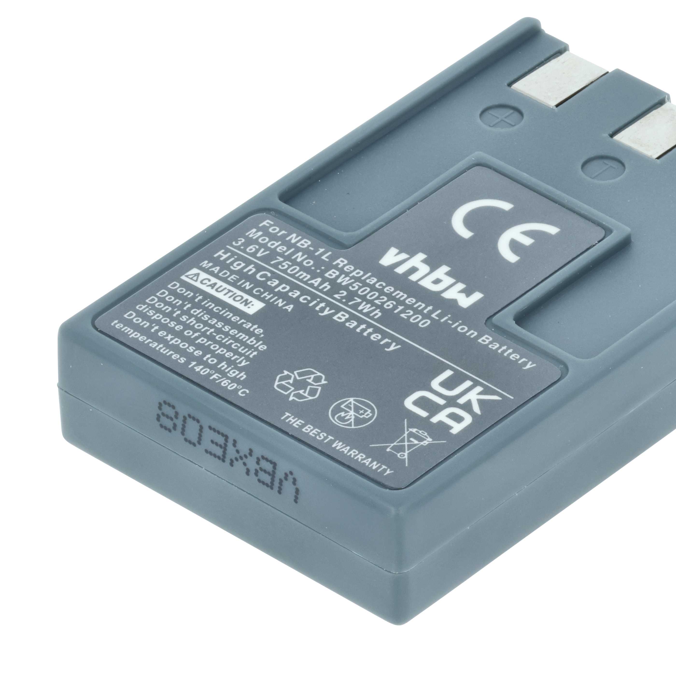 2x Battery replaces Canon NB-1LH, NB-1L - 750mAh, 3.6V, Li-Ion