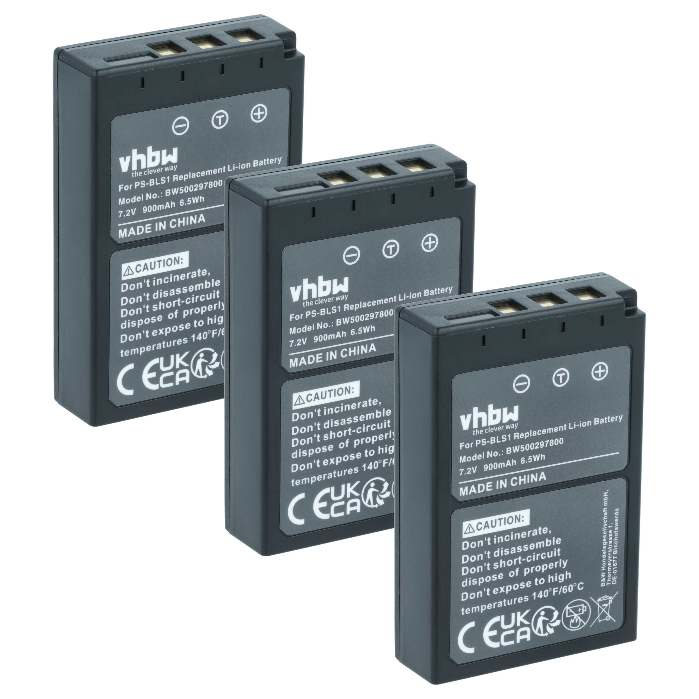 3x Battery replaces Olympus PS-BLS1 - 900mAh, 7.2V, Li-Ion