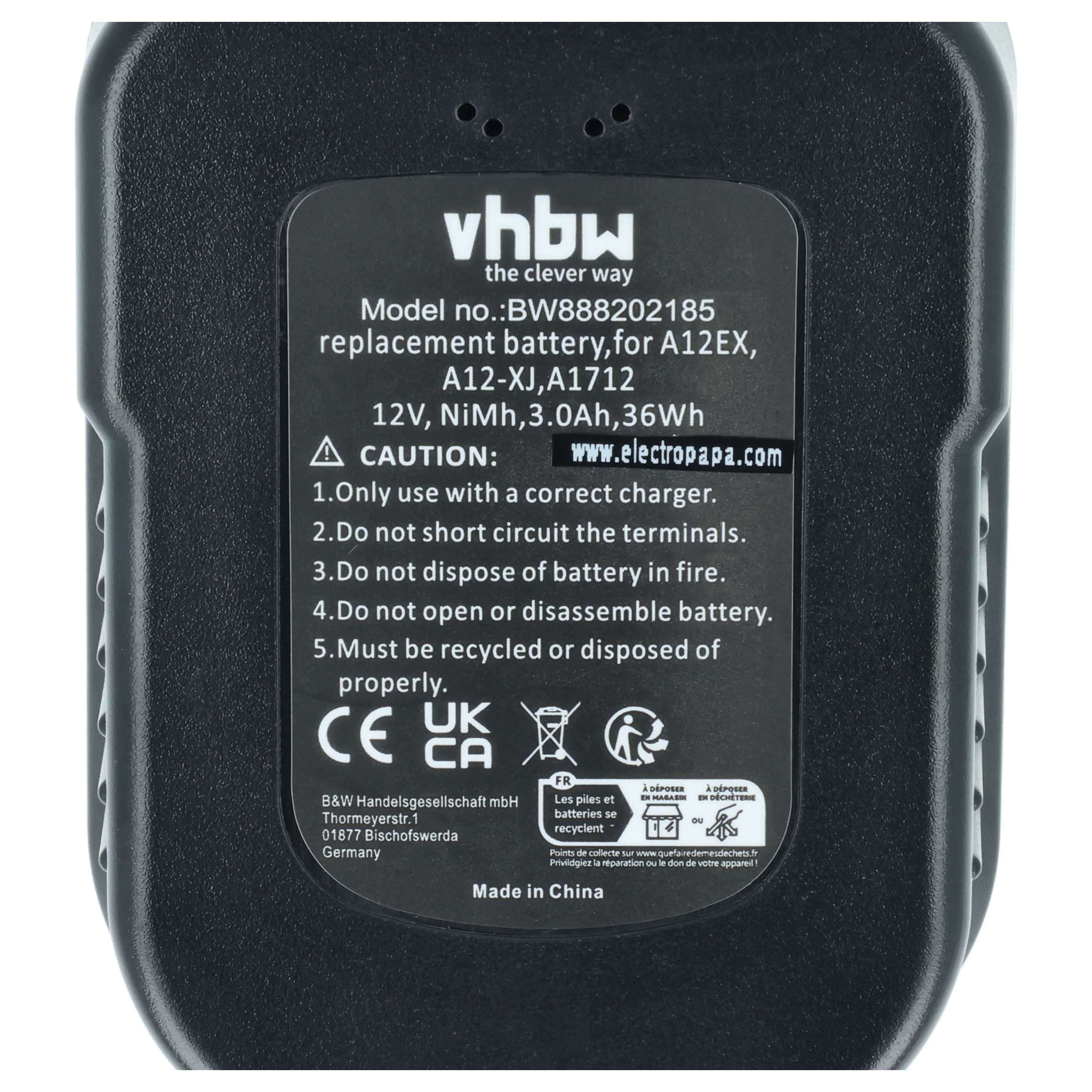 Battery replaces Black & Decker A12, A12-XJ, A12EX, A1712, A12E Electric Power Tool - 3000 mAh, 12 V, NiMH