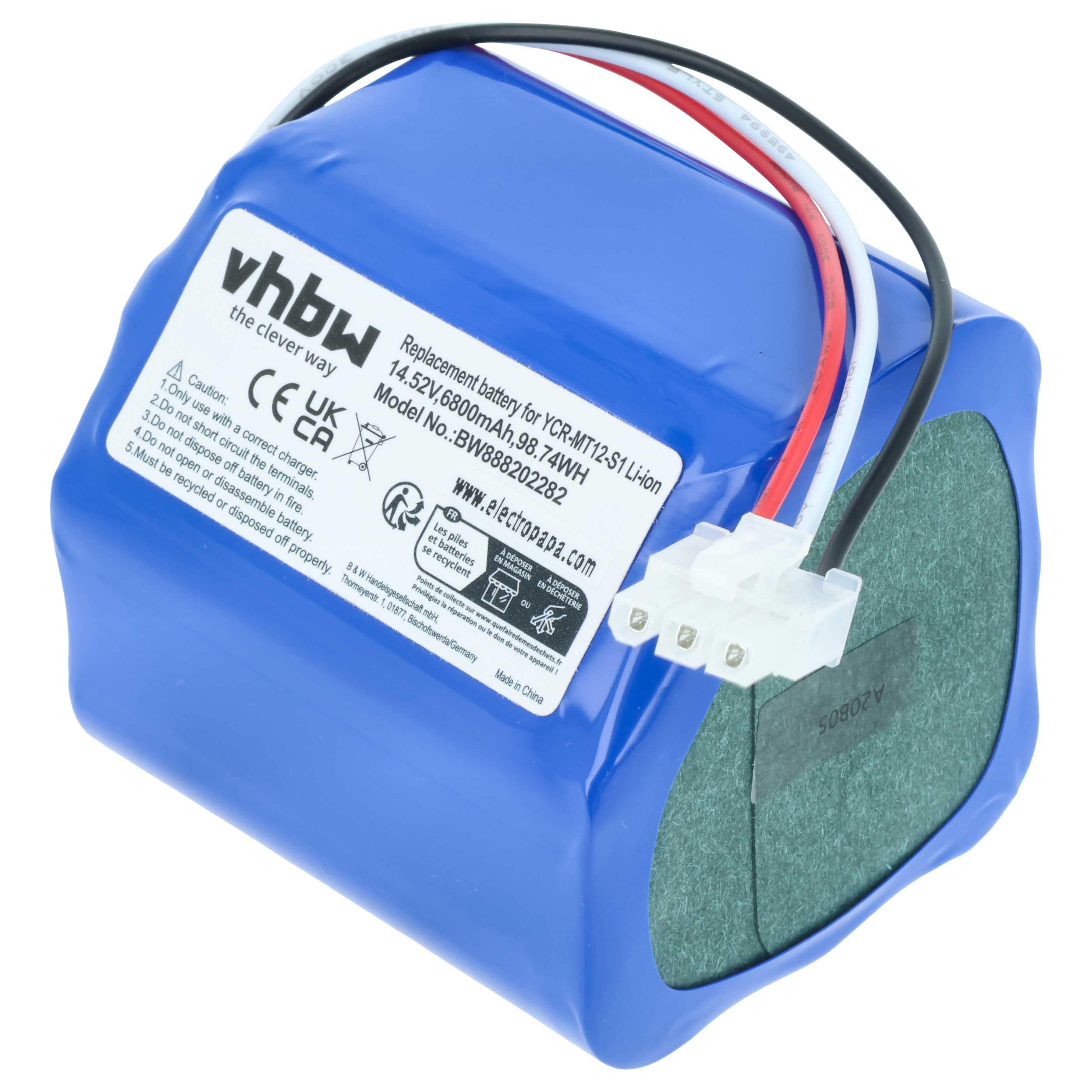 Battery replaces iClebo YCR-MT12-S1, YCR-M07-20W for iClebo etc. 6800mAh, 14.52V, Li-Ion