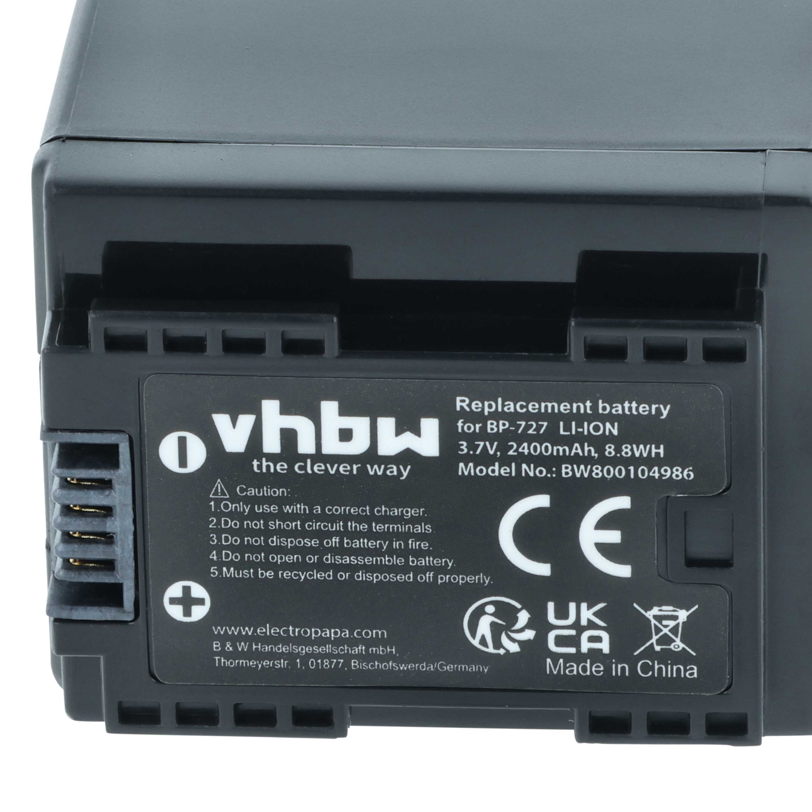 Batteria per videocamera sostituisce Canon BP-727 - 2400mAh 3,6V Li-Ion con infochip
