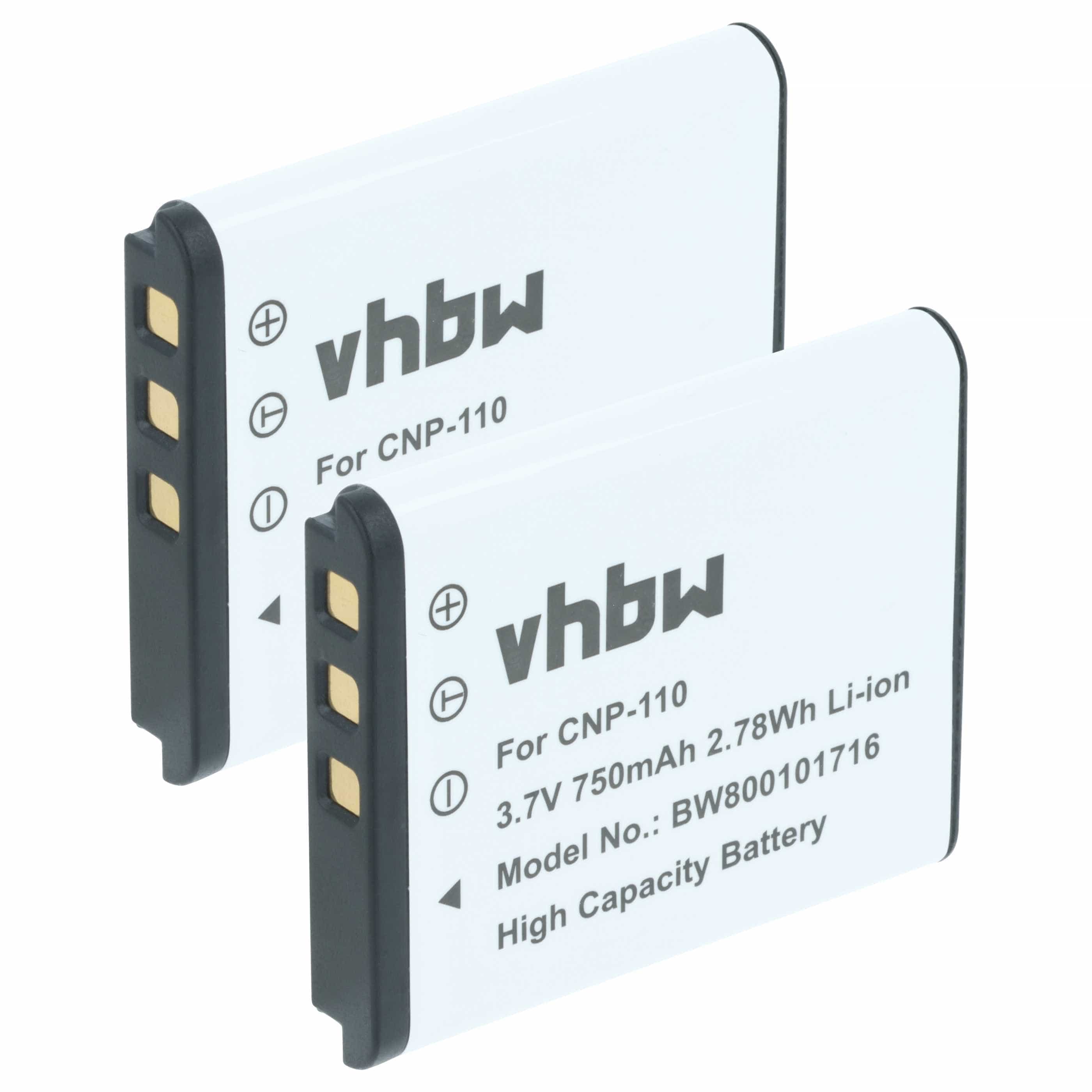 2x Battery replaces Casio NP-160, NP-110DBA, NP-110, NP-110L - 750mAh, 3.6V, Li-Ion