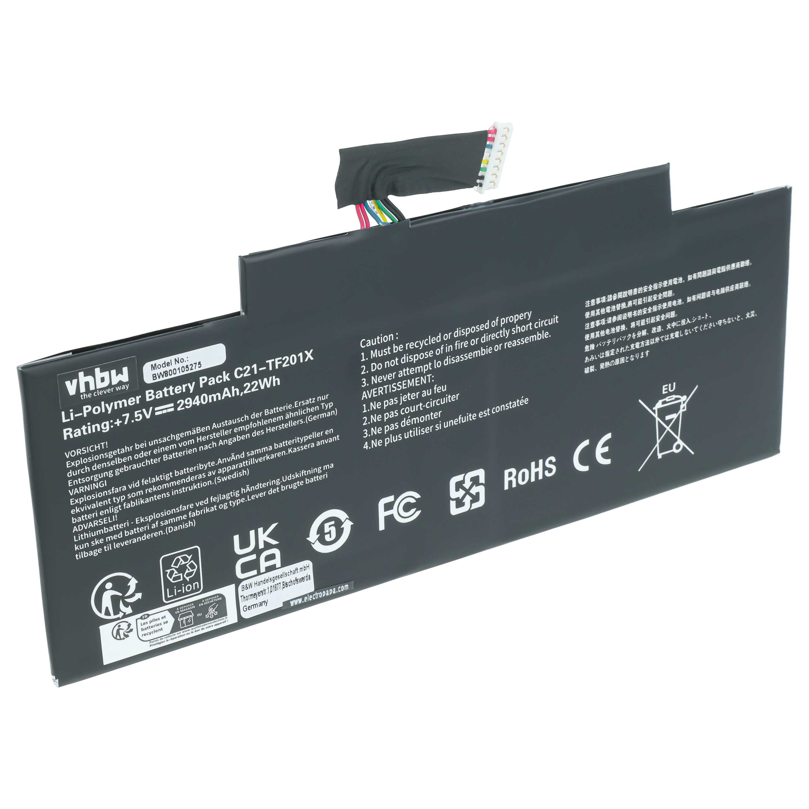 Tablet-Akku als Ersatz für Asus C21-TF201X für Asus - 2900mAh 7,5V Li-Polymer