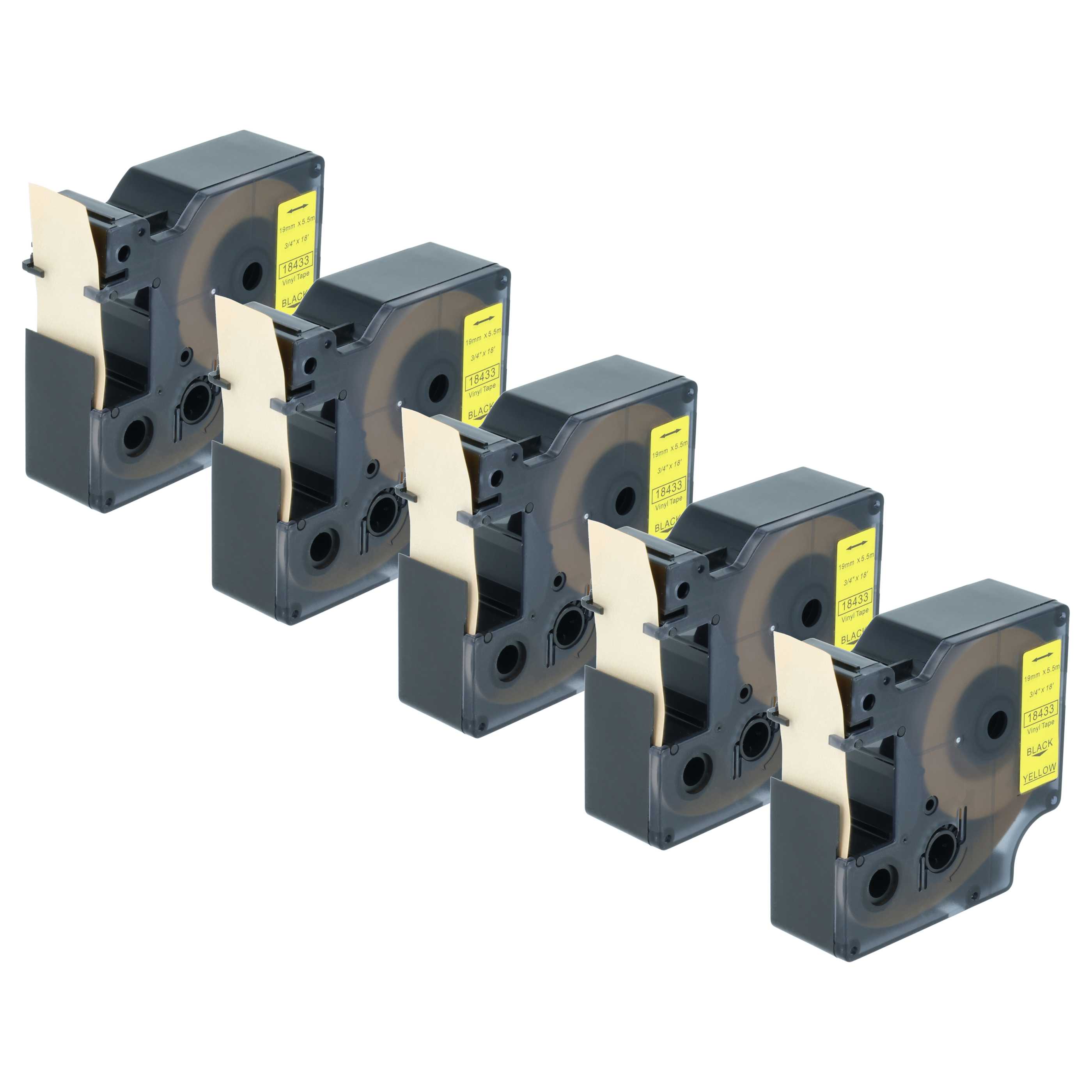 5x Industrie Vinyl-Etiketten-Kassette ersetzt Dymo 18433 19mm, schwarz auf gelb