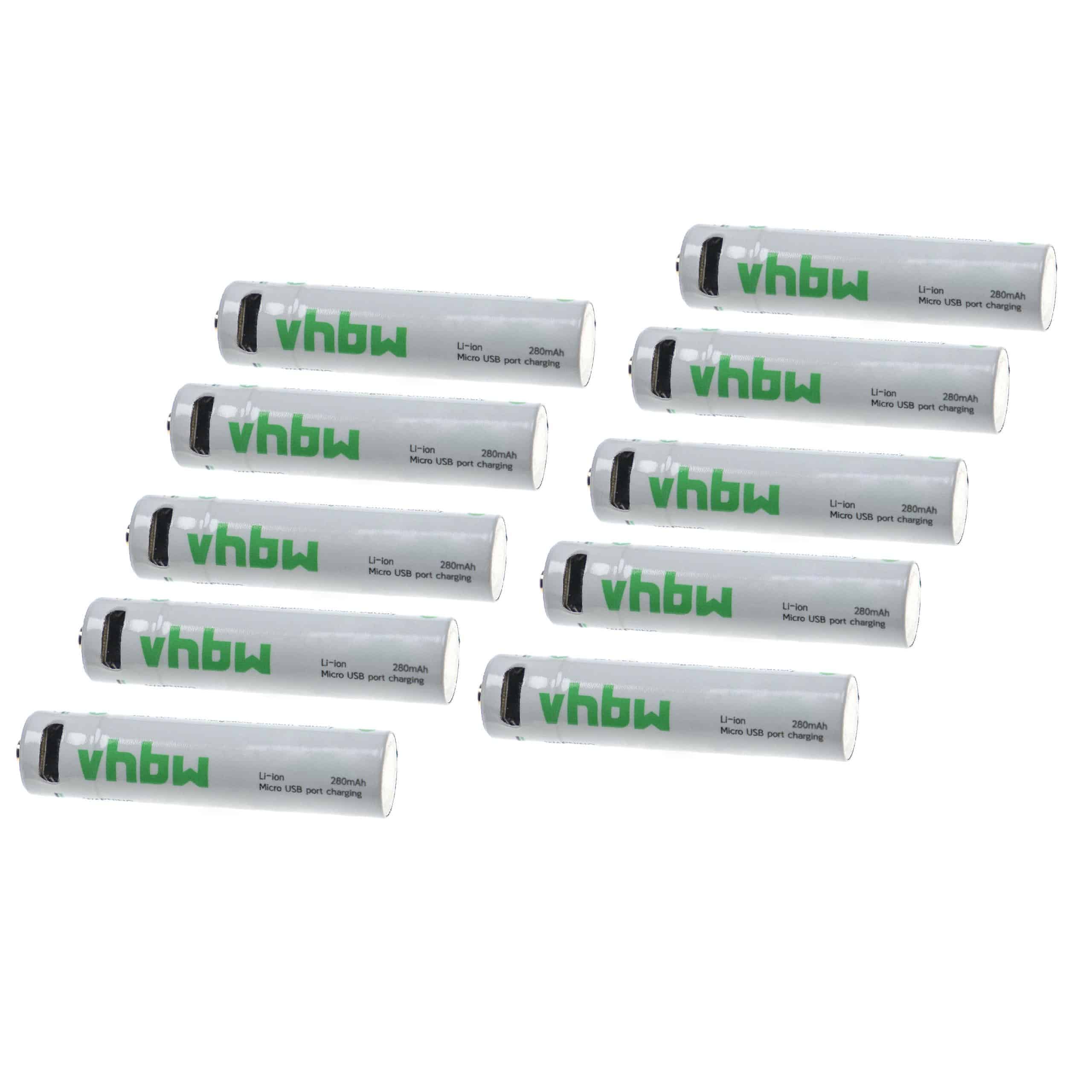 vhbw 10x Piles rechargeables AAA Micro - Avec prise micro-USB, 280 mAh, 1,5 V, Li-ion