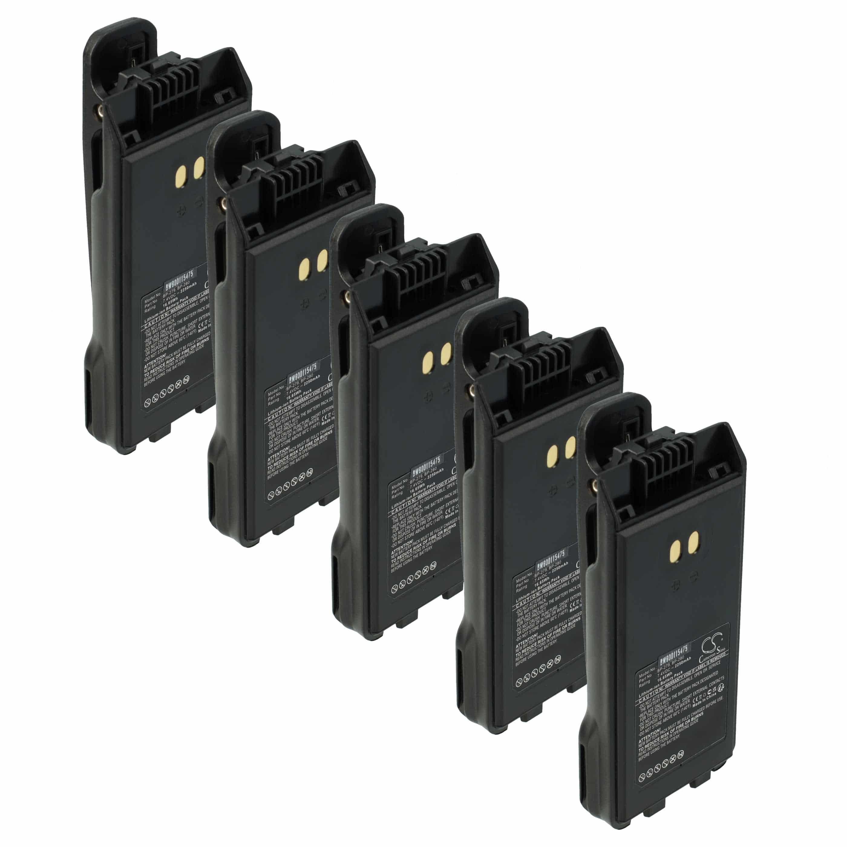 Radio 5x Battery replaces Icom BP-279, BP-280, BP-280LI - 2250 mAh 7.4 V Li-Ion + Belt Clip
