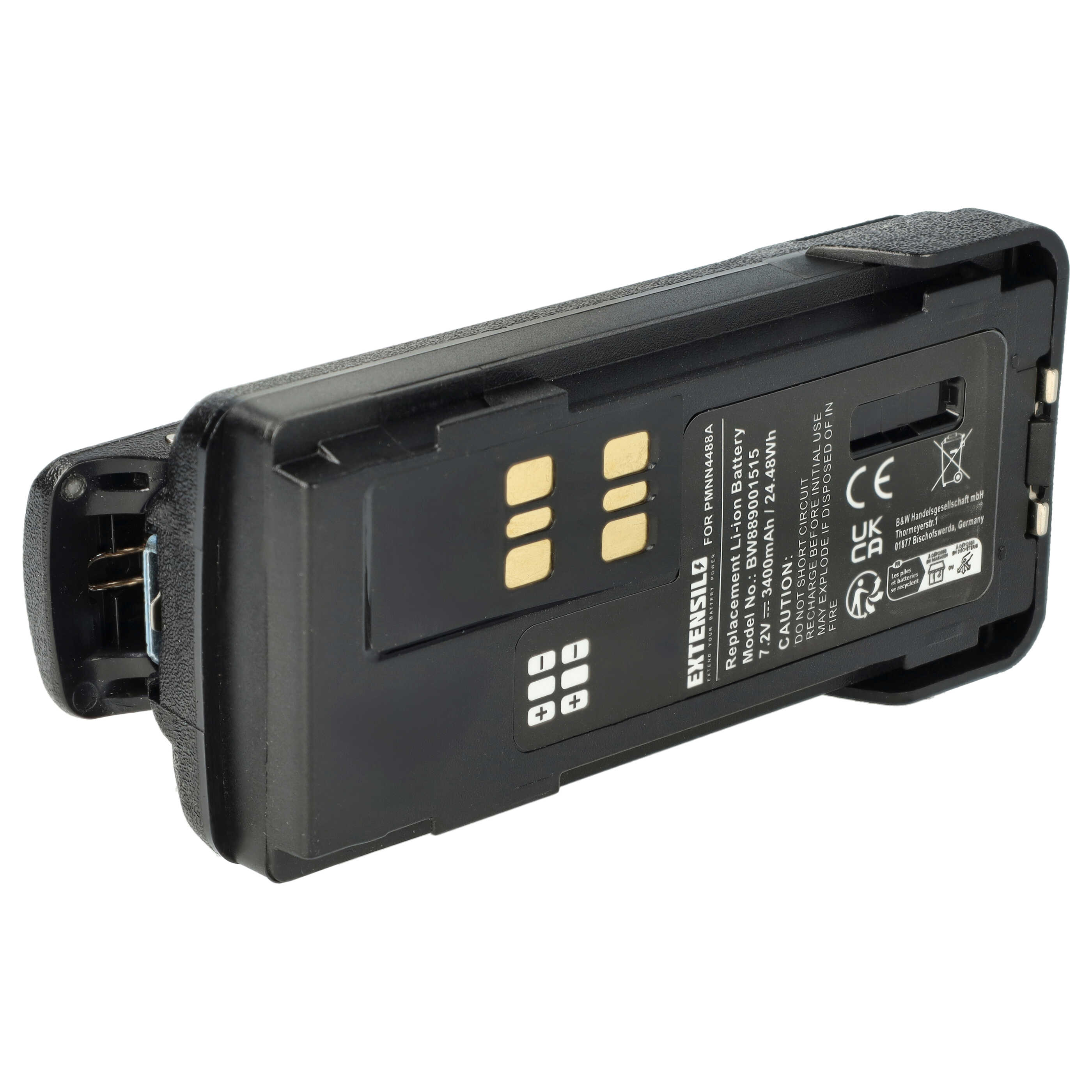 Radio Battery Replacement for Motorola PMNN441, PMNN4415, PMNN4415AR - 3400 mAh 7.2 V Li-Ion + Belt Clip