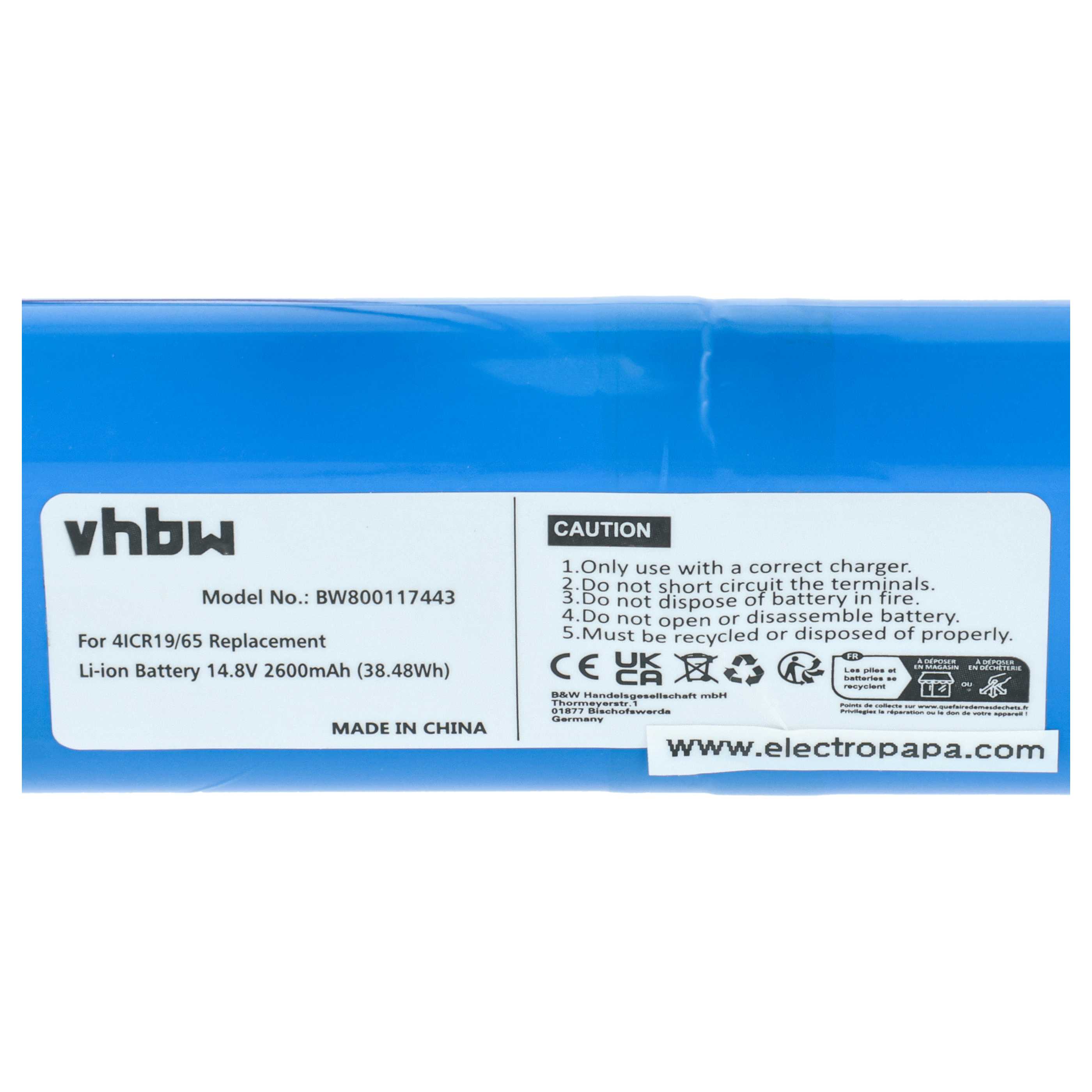 Battery replaces Philips 4ICR19/65, CP0111/01 for Philips 2600mAh, 14.8V, Li-Ion