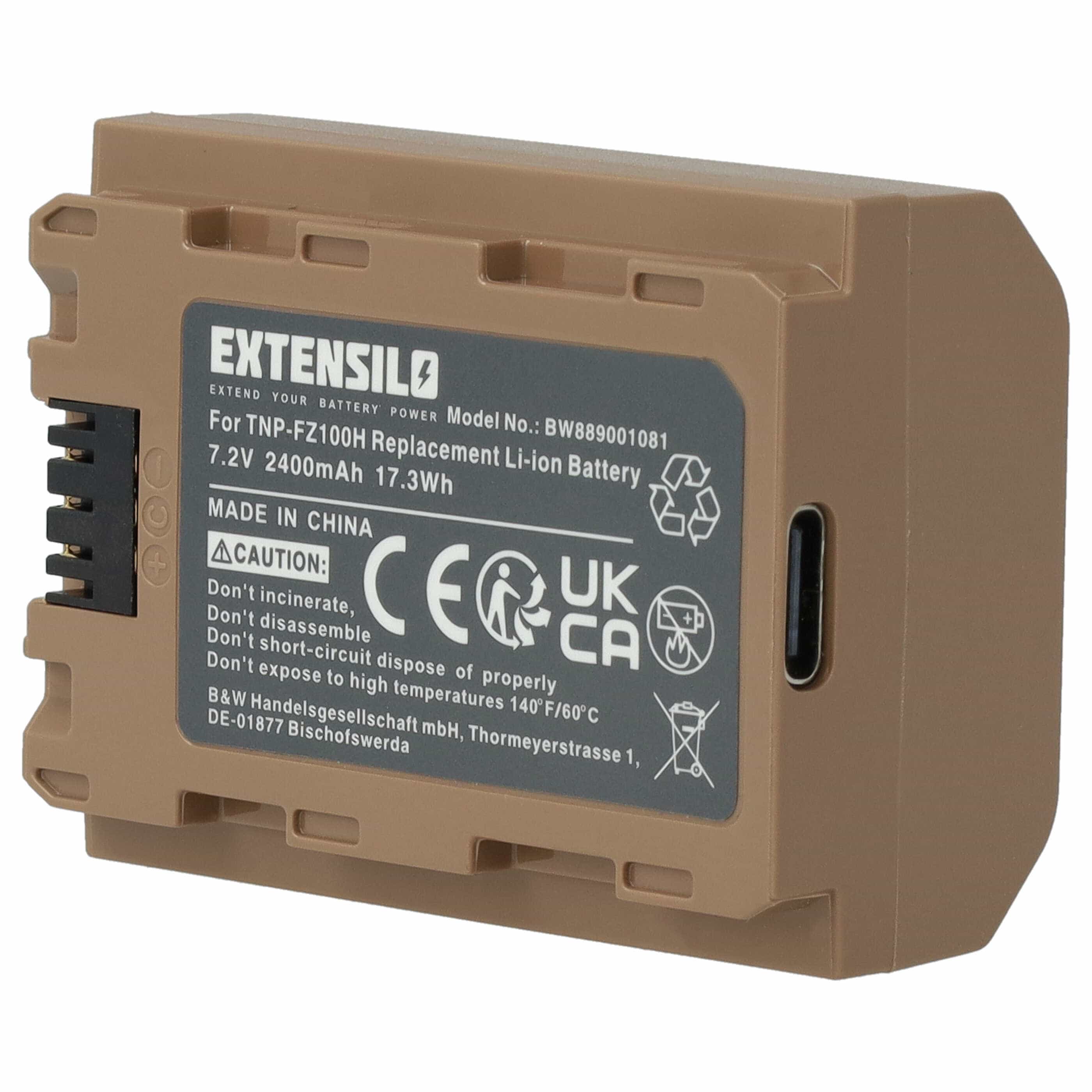 Battery replaces Sony NP-FZ100 - 2400mAh, 7.2V, Li-Ion, with USB C Socket