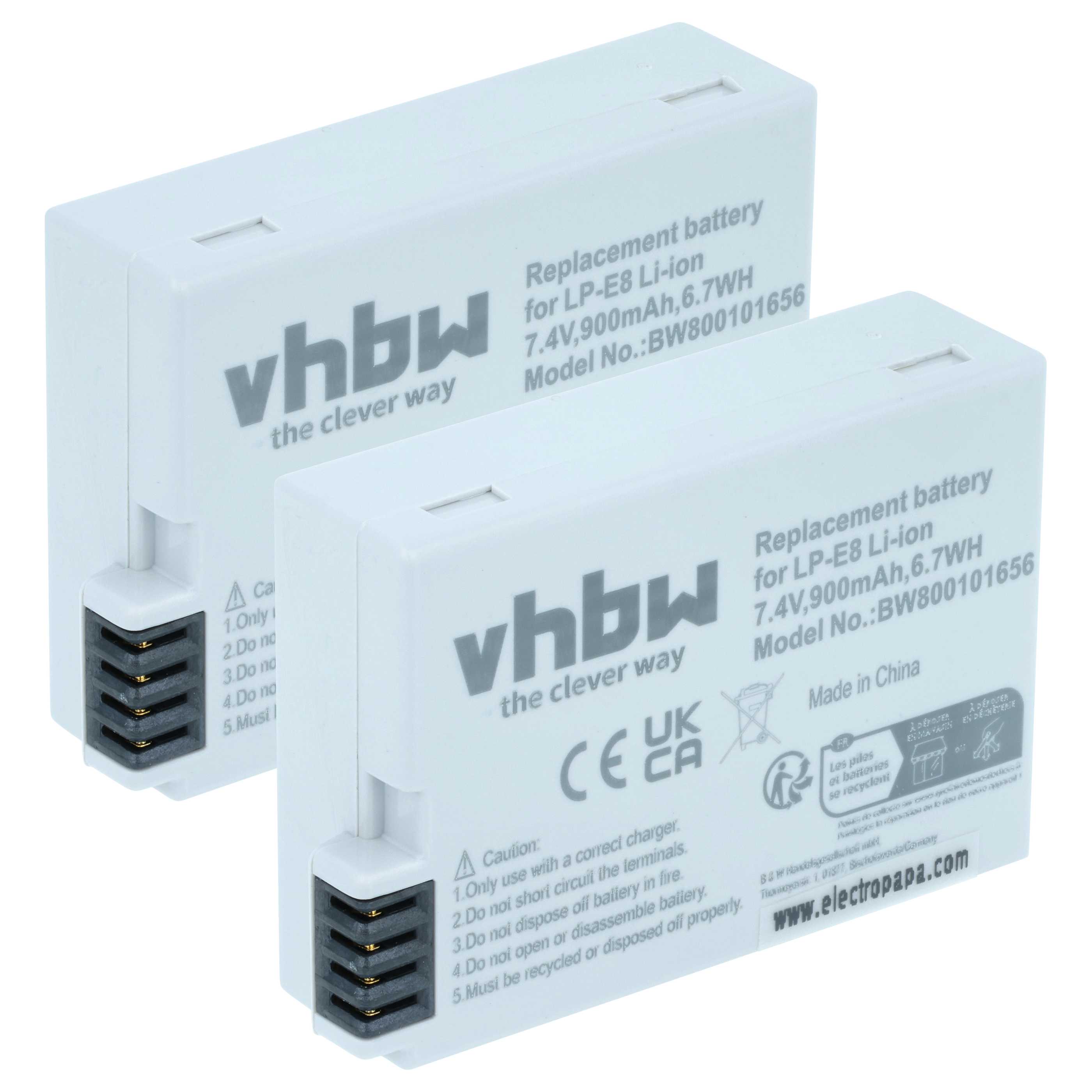 2x Battery replaces Canon LP-E8 - 900mAh, 7.2V, Li-Ion