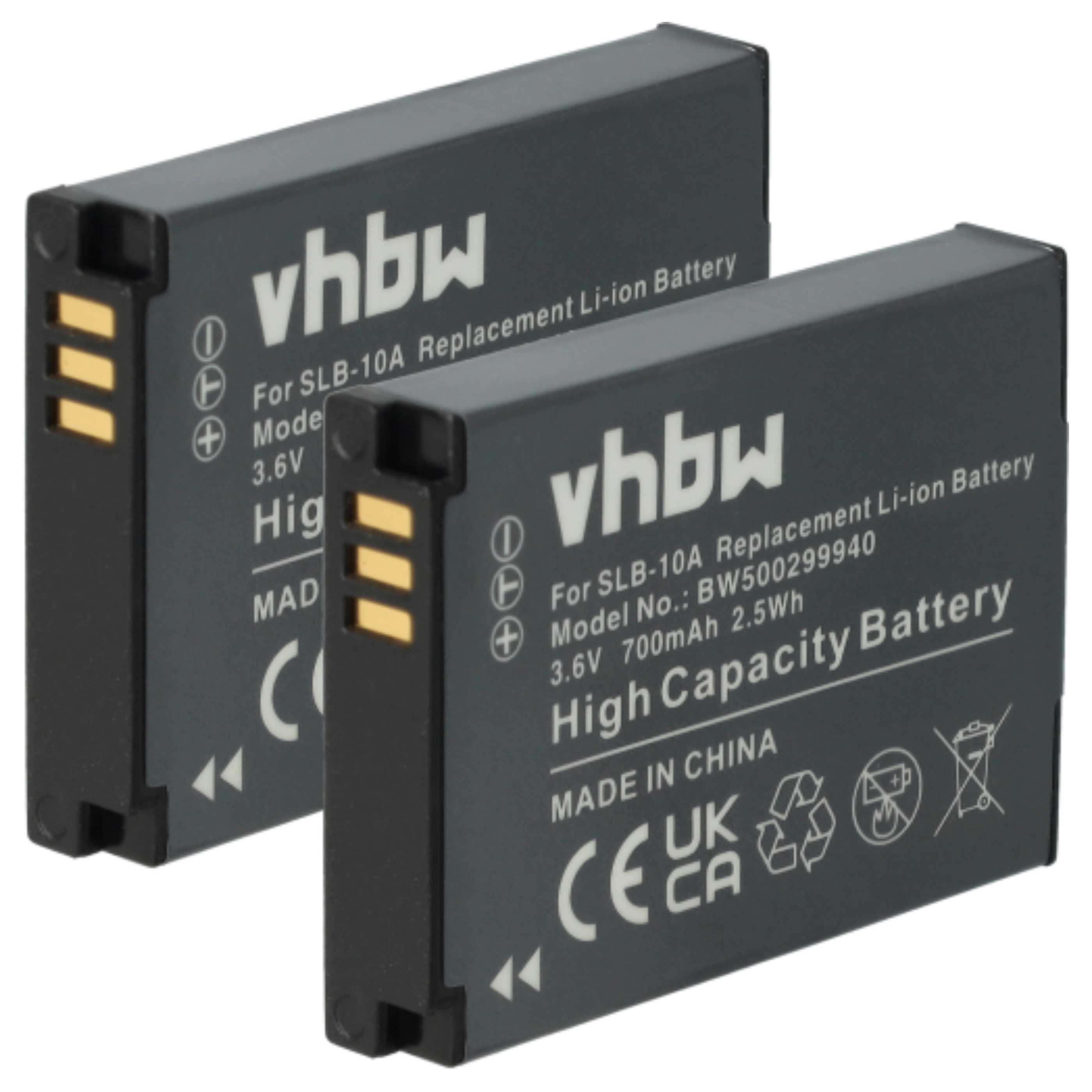 2x Batteria sostituisce Samsung BP-10A, BP10A, SLB-10A per fotocamera Praktica - 700mAh 3,6V Li-Ion