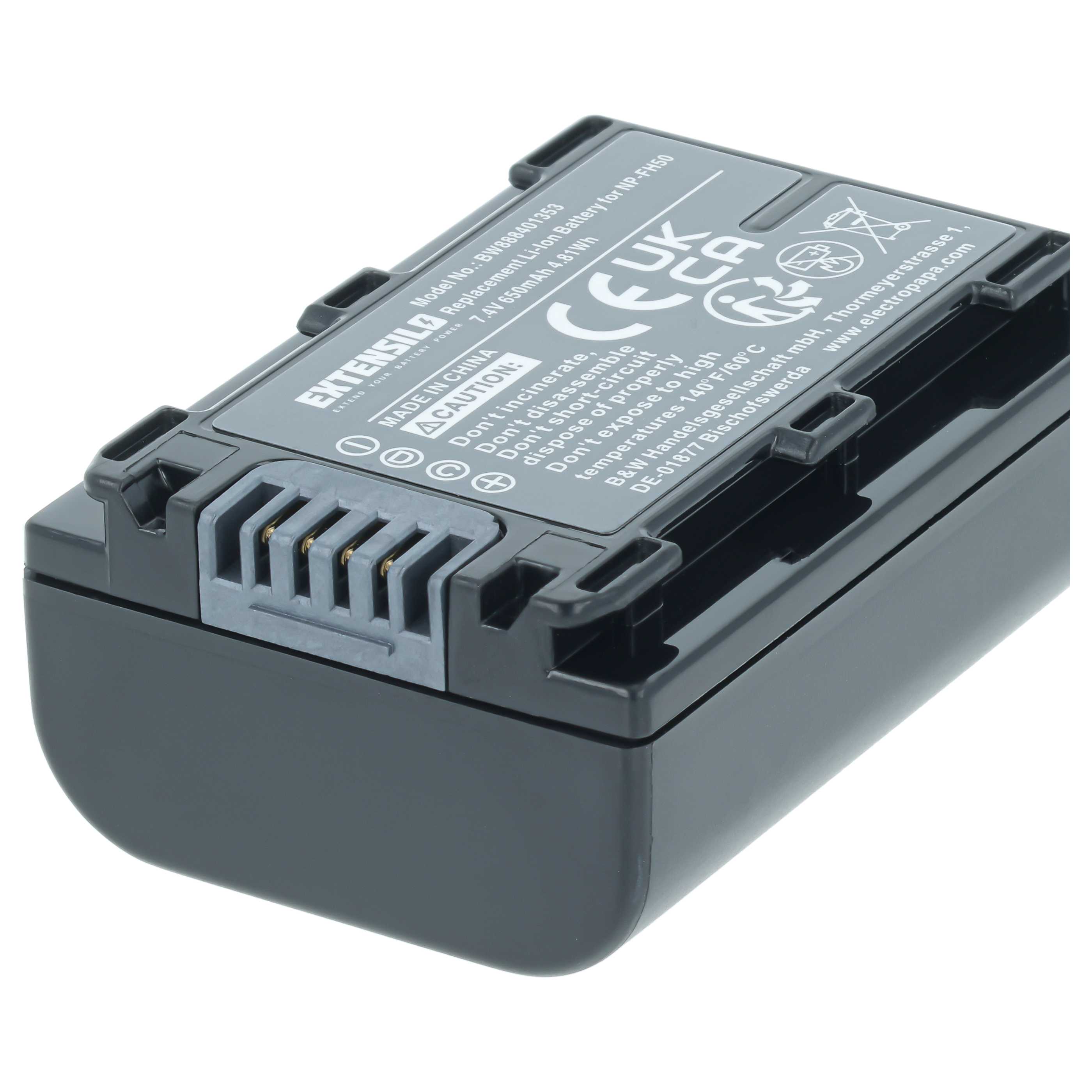 Batteria sostituisce Sony NP-FH70, NP-FH40, NP-FH100, NP-FH50 per fotocamera - 650mAh 7,2V Li-Ion