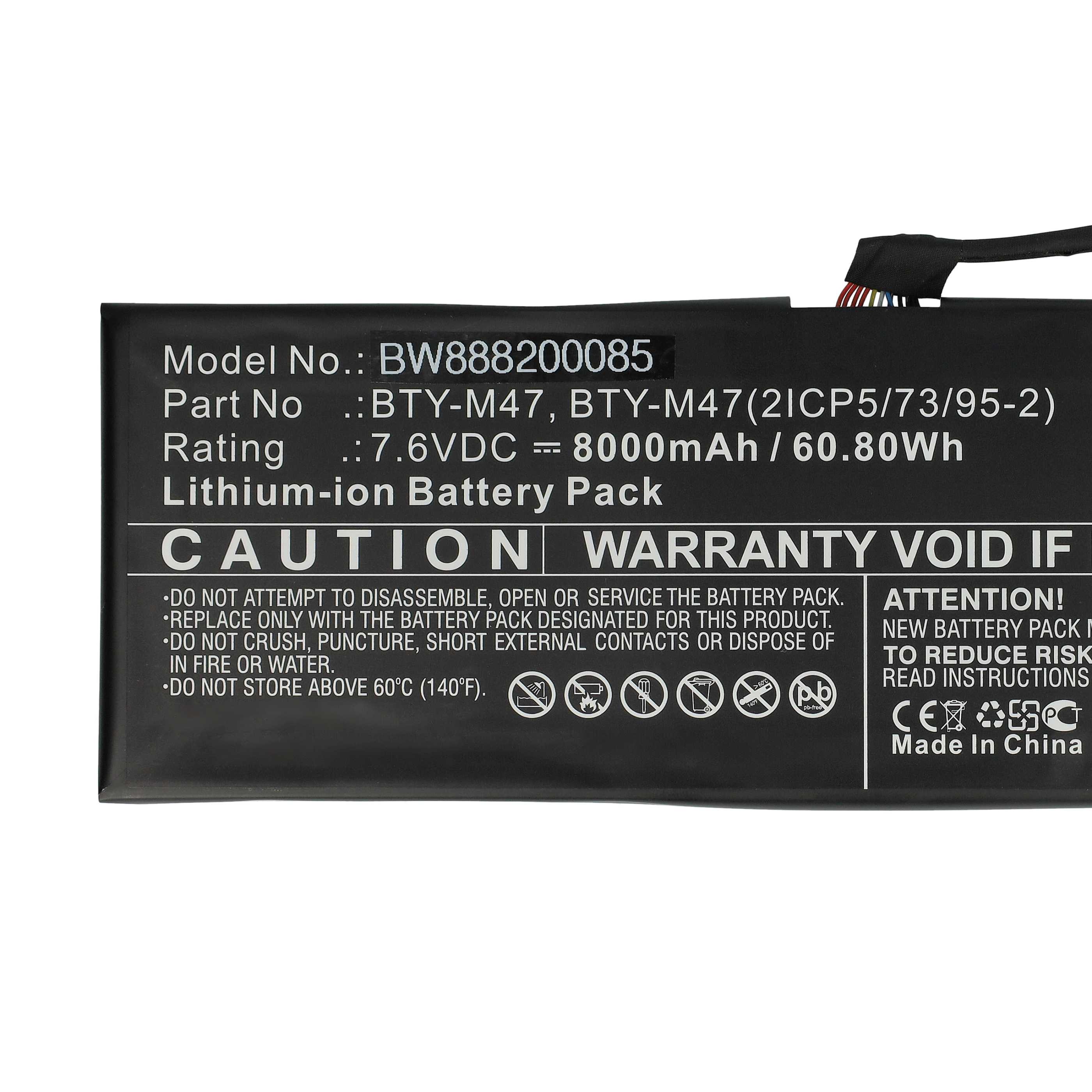 Batterie remplace MSI BTY-M47 pour ordinateur portable - 8060mAh 7,6V Li-ion, noir