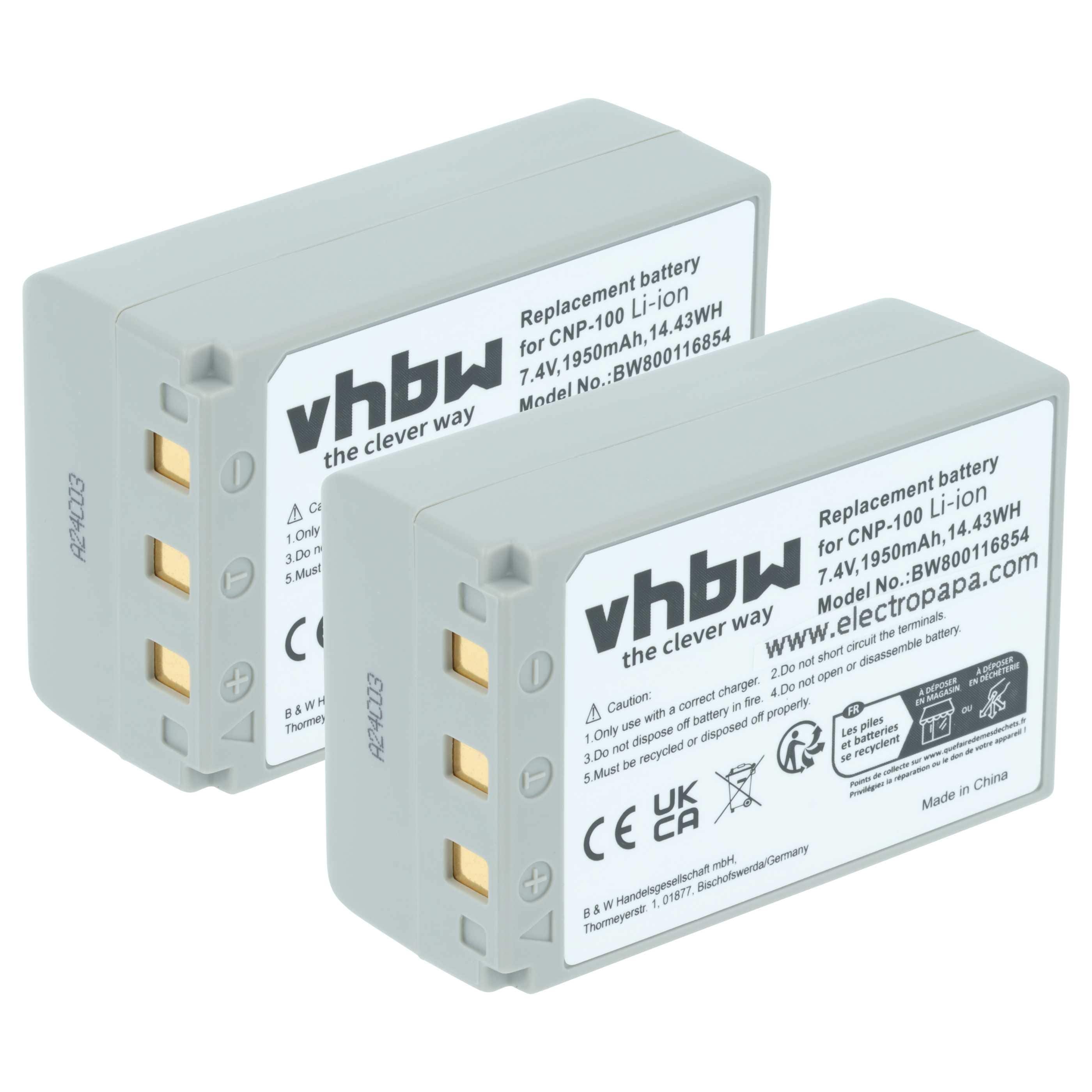 2x Battery replaces Casio NP-100L, NP-100 - 1950mAh, 7.4V, Li-Ion