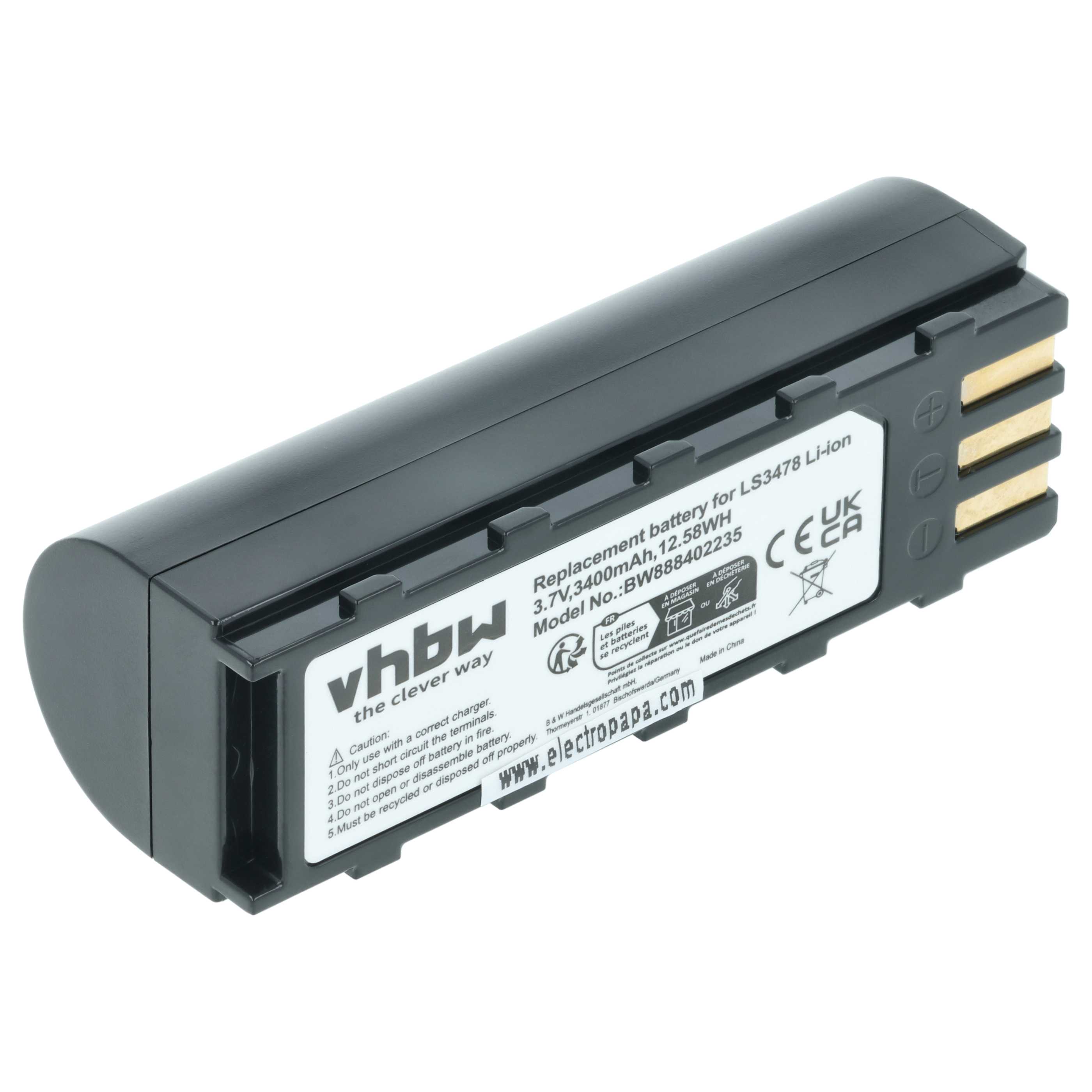 Batería reemplaza Motorola 21-62606-01 para escáner código de barras (3400 mAh, 3,7 V, Li-Ion)