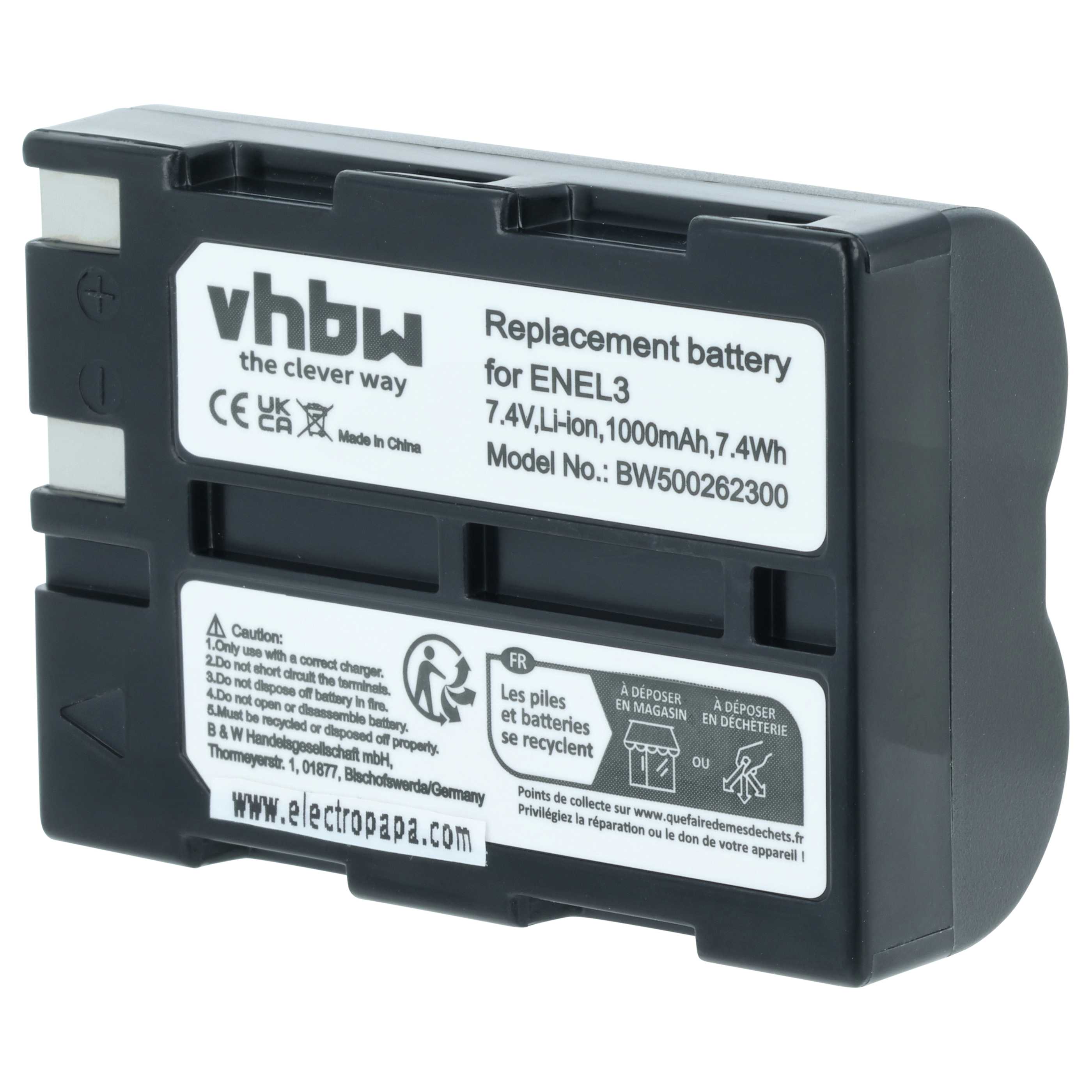 3x Battery replaces Nikon EN-EL3, EN-EL3a - 1000mAh, 7.2V, Li-Ion
