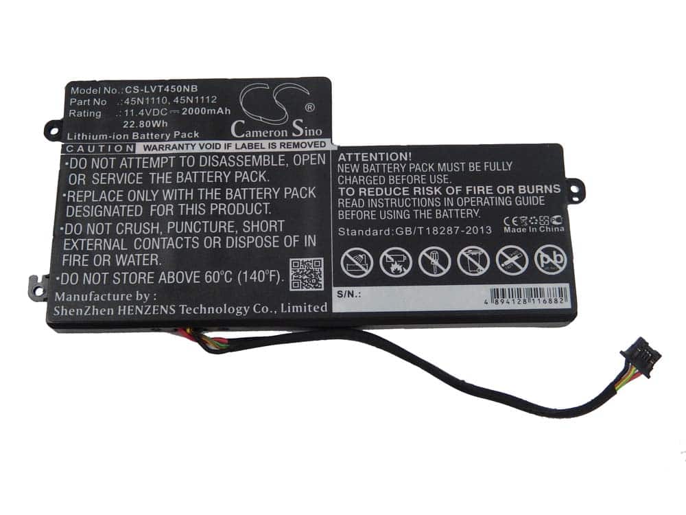 Batterie remplace Lenovo 45N1113, 45N1110, 45N1112 pour ordinateur portable - 2000mAh 11,4V Li-ion