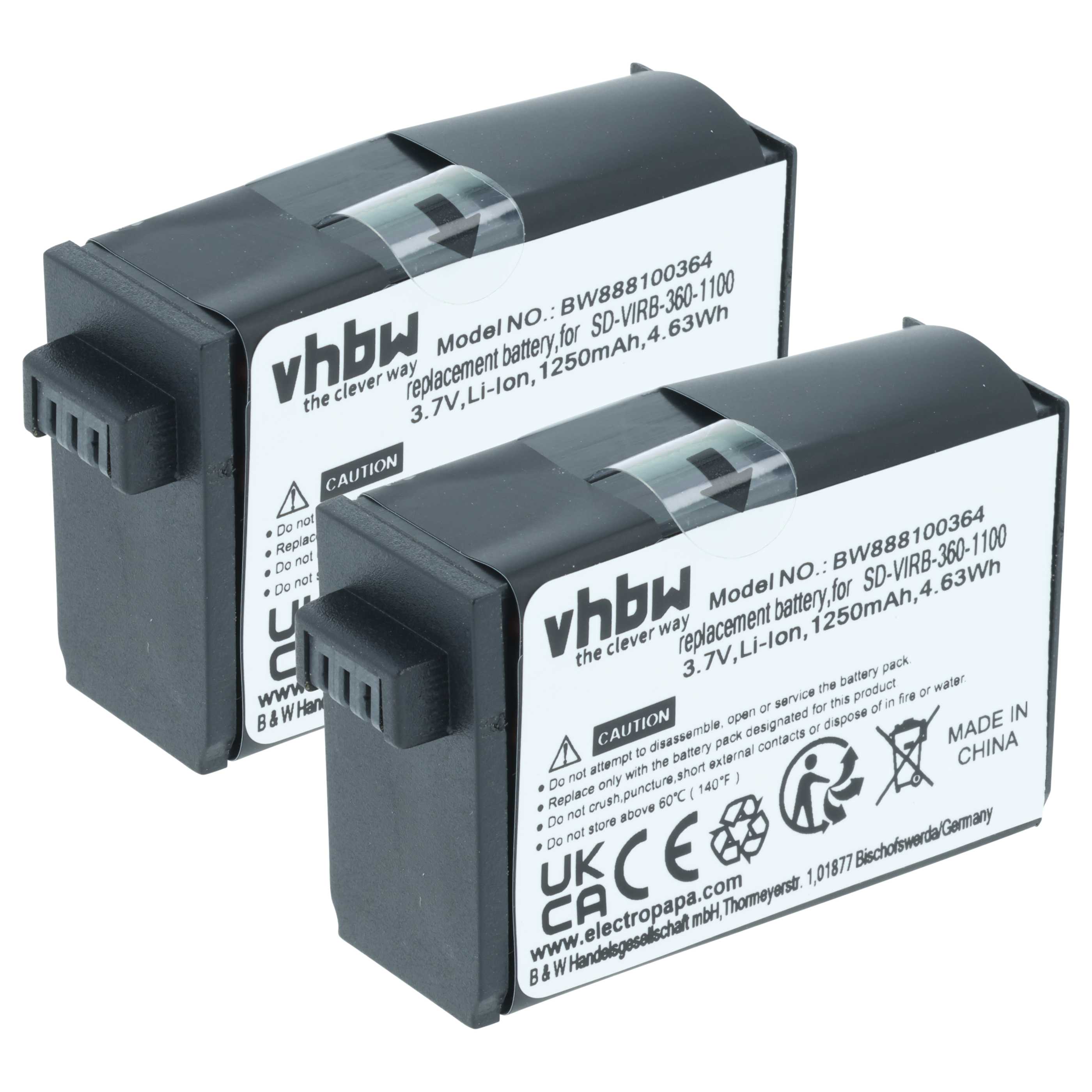 Videocamera 2x Battery replaces Garmin 010-12521-40, 360-00106-00 - 1250 mAh 3.8 V Li-Ion
