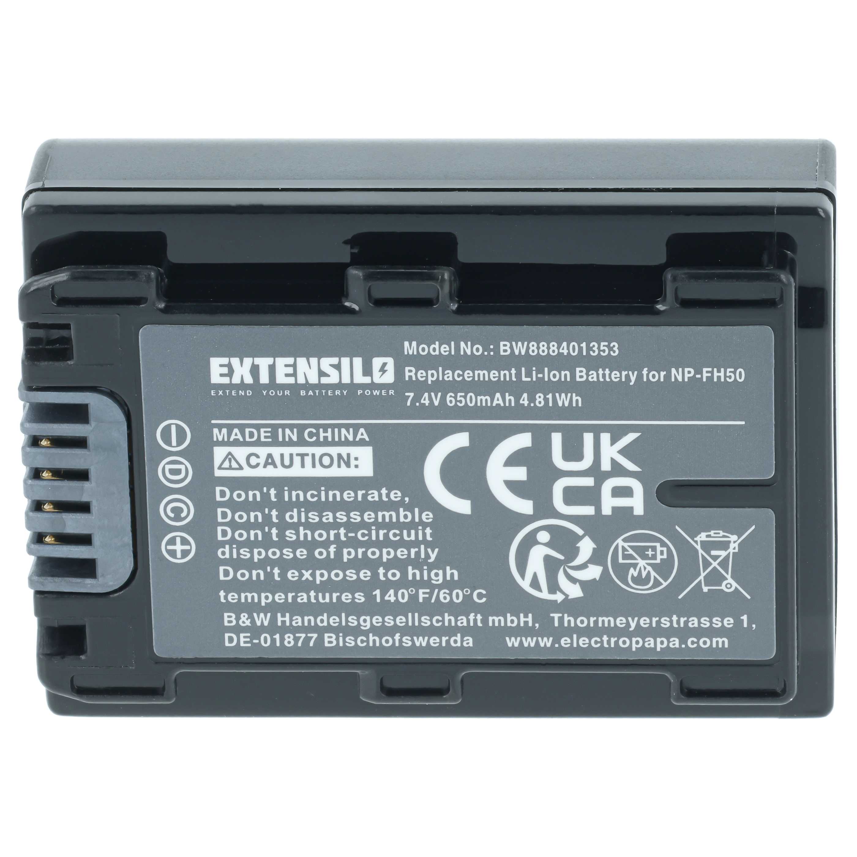 Batteria sostituisce Sony NP-FH70, NP-FH40, NP-FH100, NP-FH50 per fotocamera - 650mAh 7,2V Li-Ion