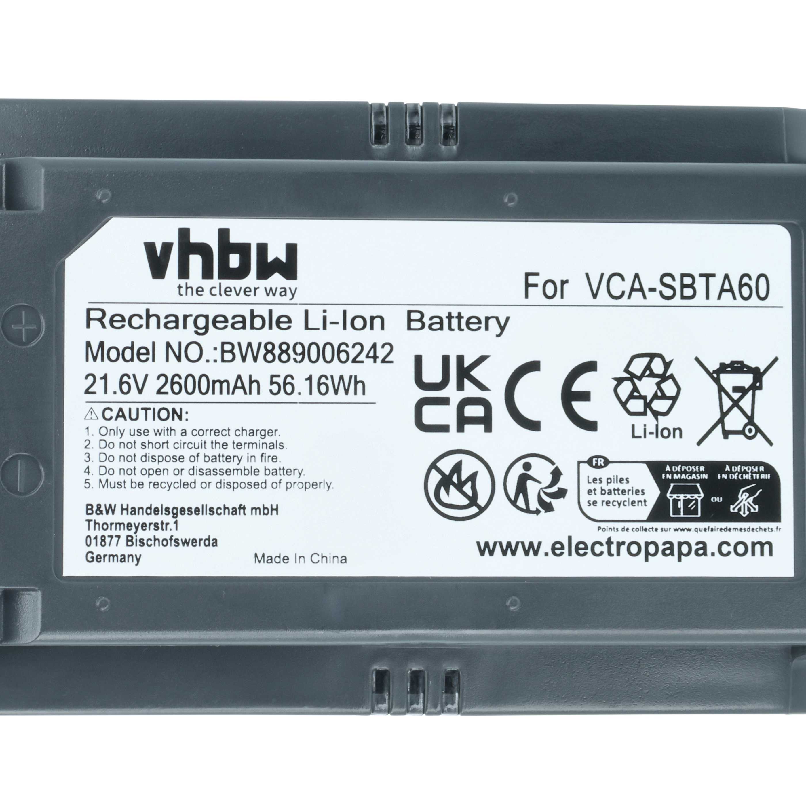 Batteria sostituisce Samsung 8806092219397, VCA-SBTA60 per aspirapolvere - 2,6Ah 21,6V Li-Ion
