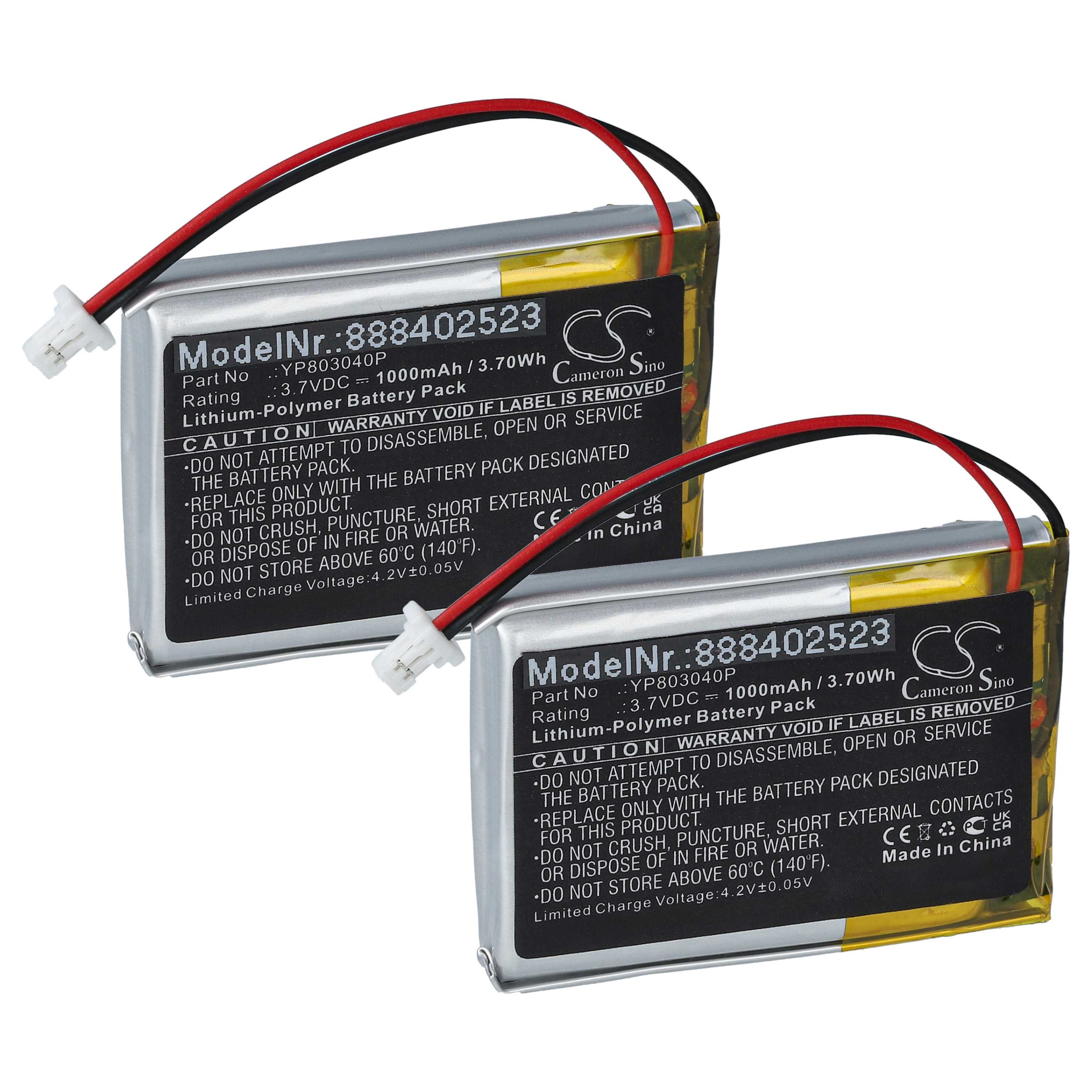 Videocamera 2x Battery replaces Sena YP803040P - 1000 mAh 3.7 V Li-polymer