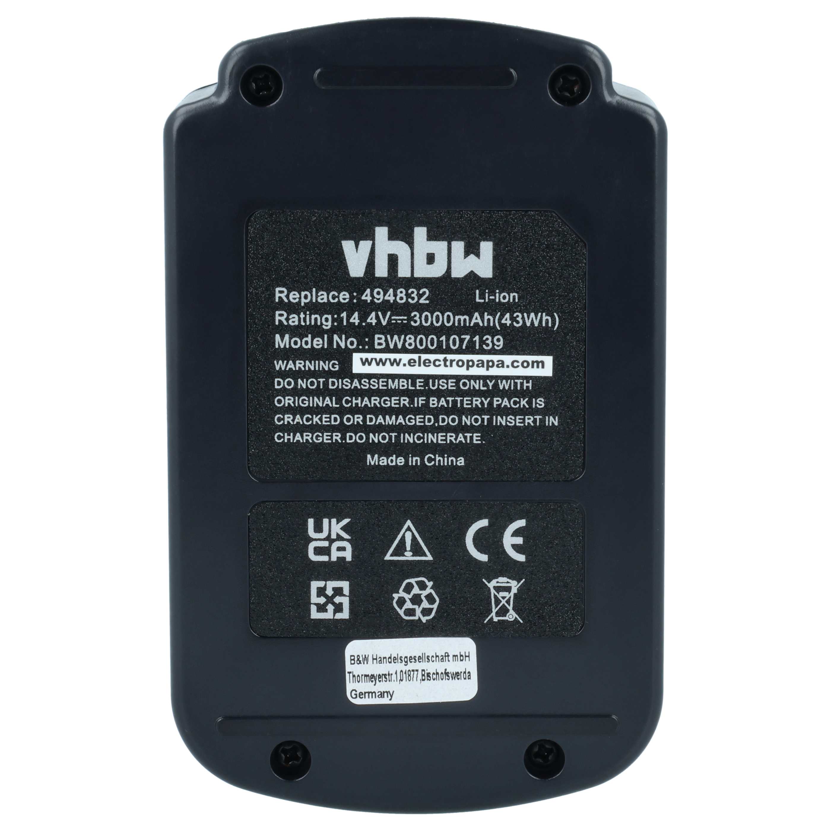 Battery replaces Festo Festool 498341, 498340, BPC 15, 494832 Electric Power Tool - 3000 mAh, 14.4 V, Li-Ion
