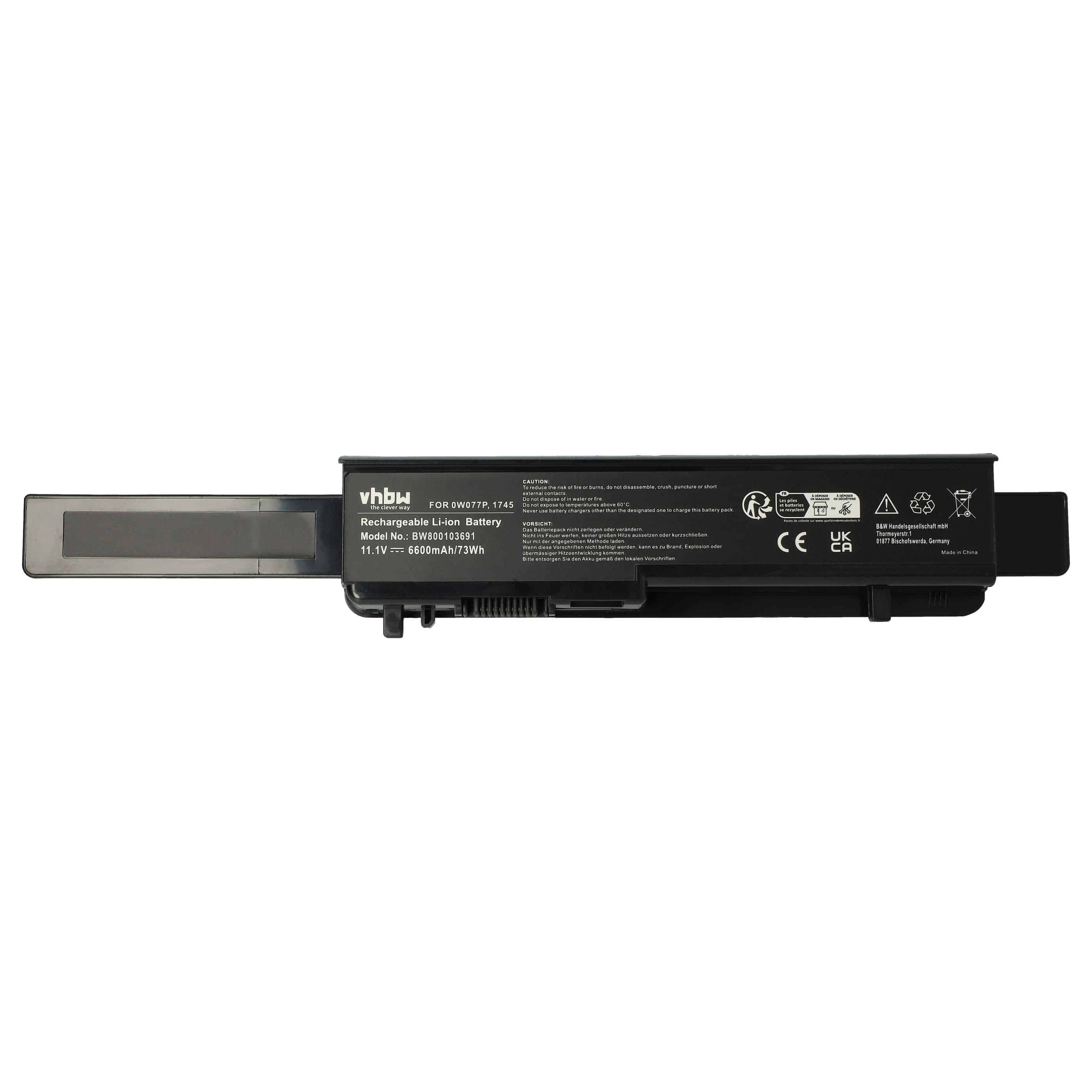 Batería reemplaza Dell 312-0196, 0W077P, A3582354, 312-0186 para notebook Dell - 6600 mAh 11,1 V Li-Ion negro