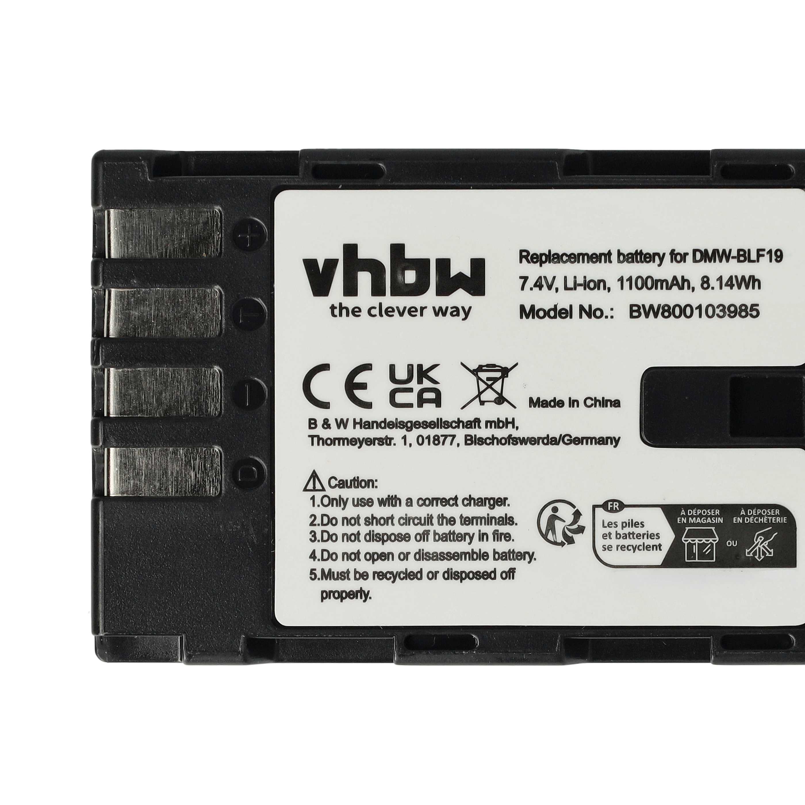 Battery replaces Panasonic DMW-BLF19E, DMW-BLF19 - 1100mAh, 7.2V, Li-Ion