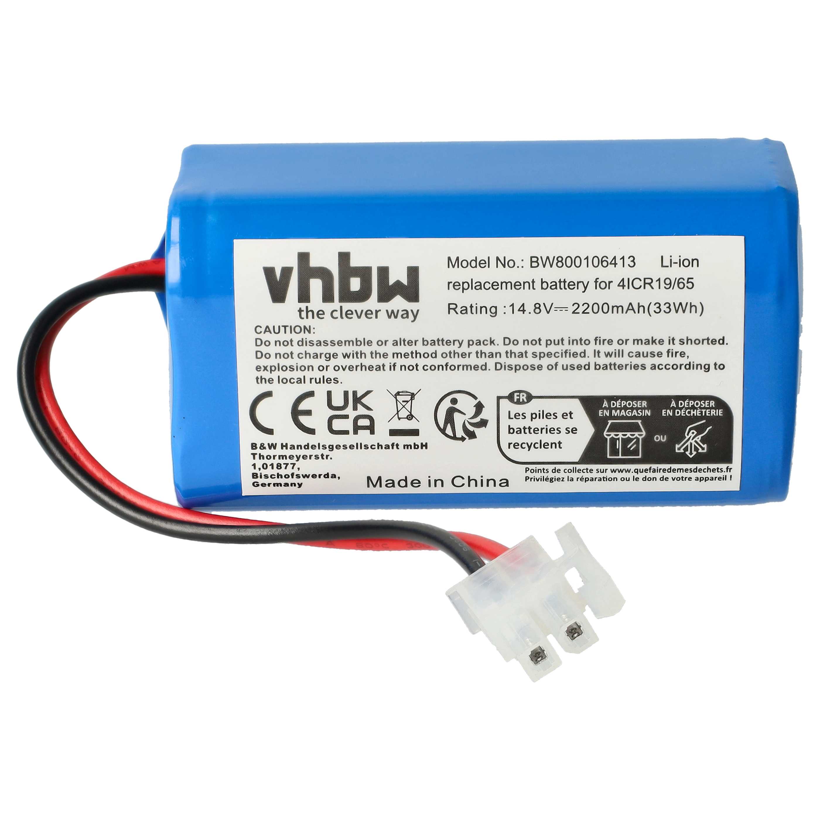 Batterie remplace Ecovacs 4ICR19/65, INR18650-M26-4S1P, BL7402A pour robot aspirateur - 2200mAh 14,8V Li-ion