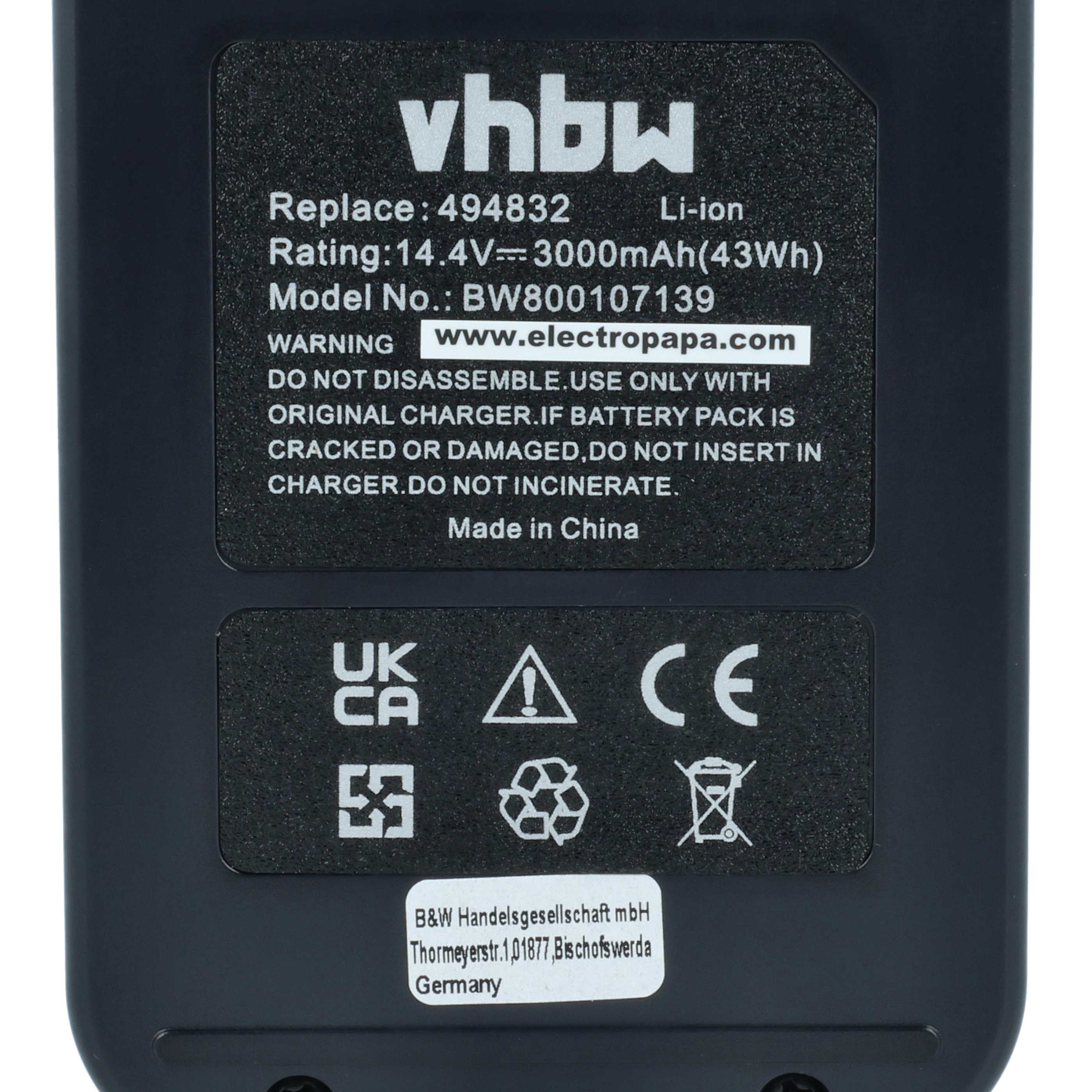 Battery replaces Festo Festool 498341, 498340, BPC 15, 494832 Electric Power Tool - 3000 mAh, 14.4 V, Li-Ion