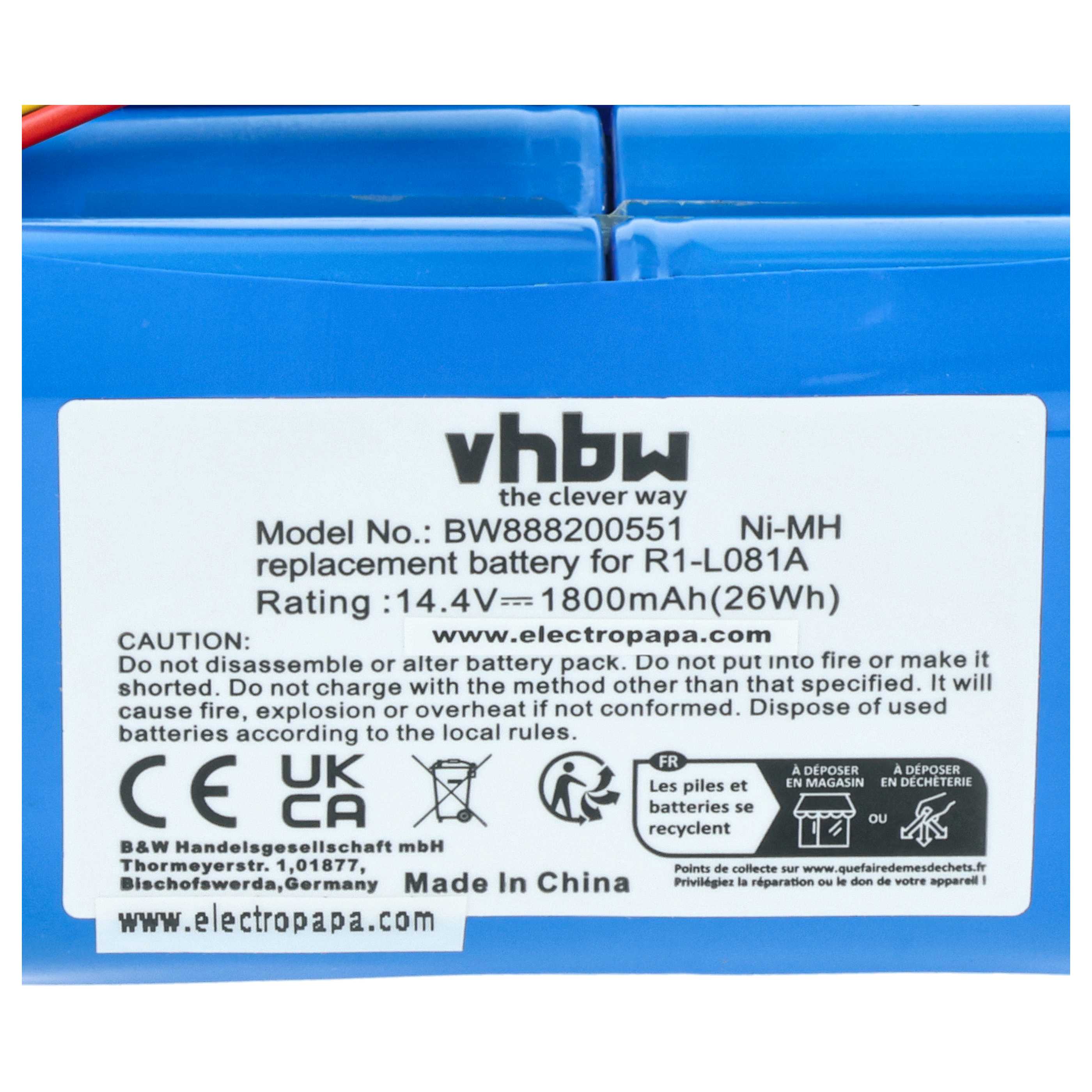 Battery replaces Midea L083b for Midea 1800mAh, 14.4V, NiMH