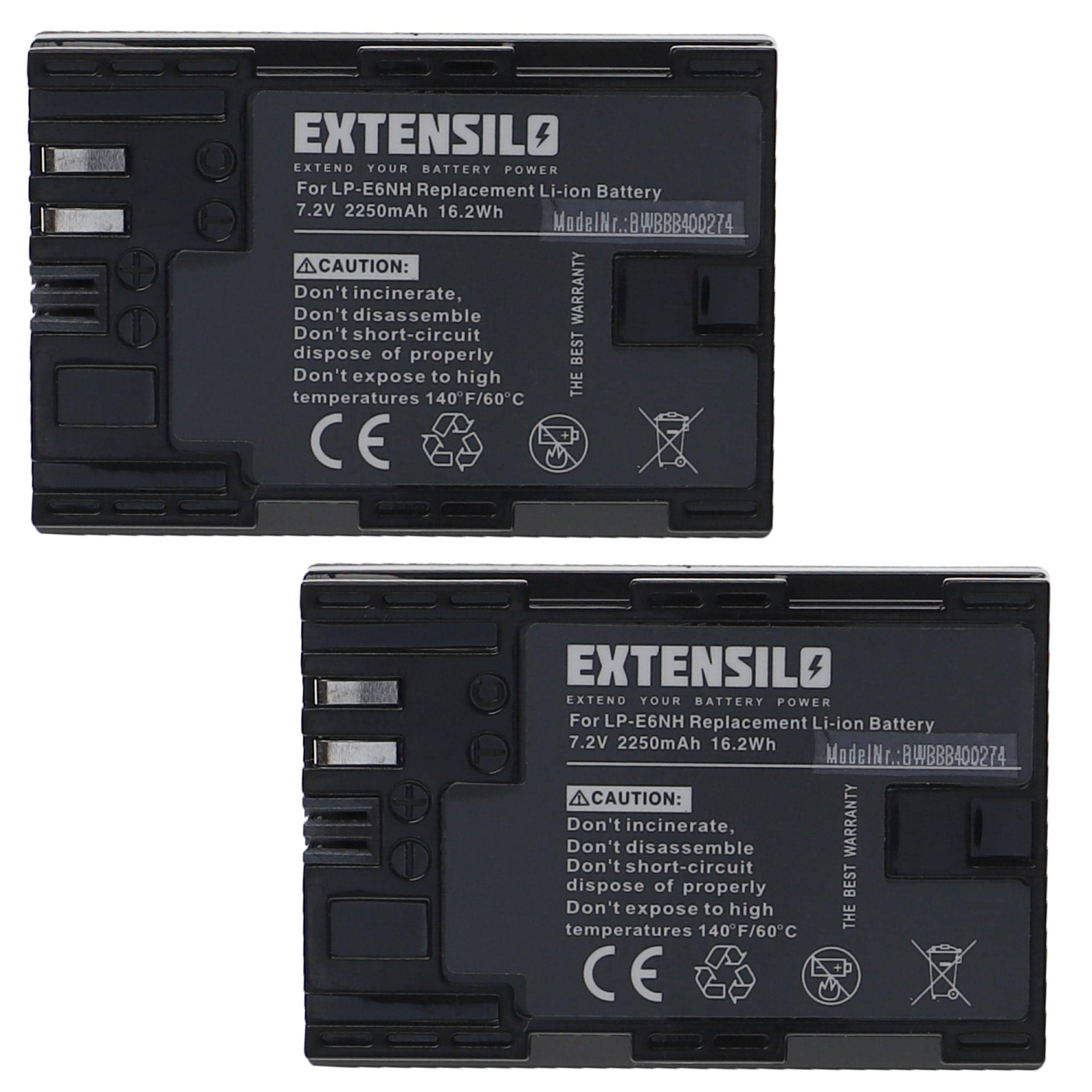 2x Battery replaces Canon LP-E6, LP-E6NH - 2250mAh, 7.2V, Li-Ion