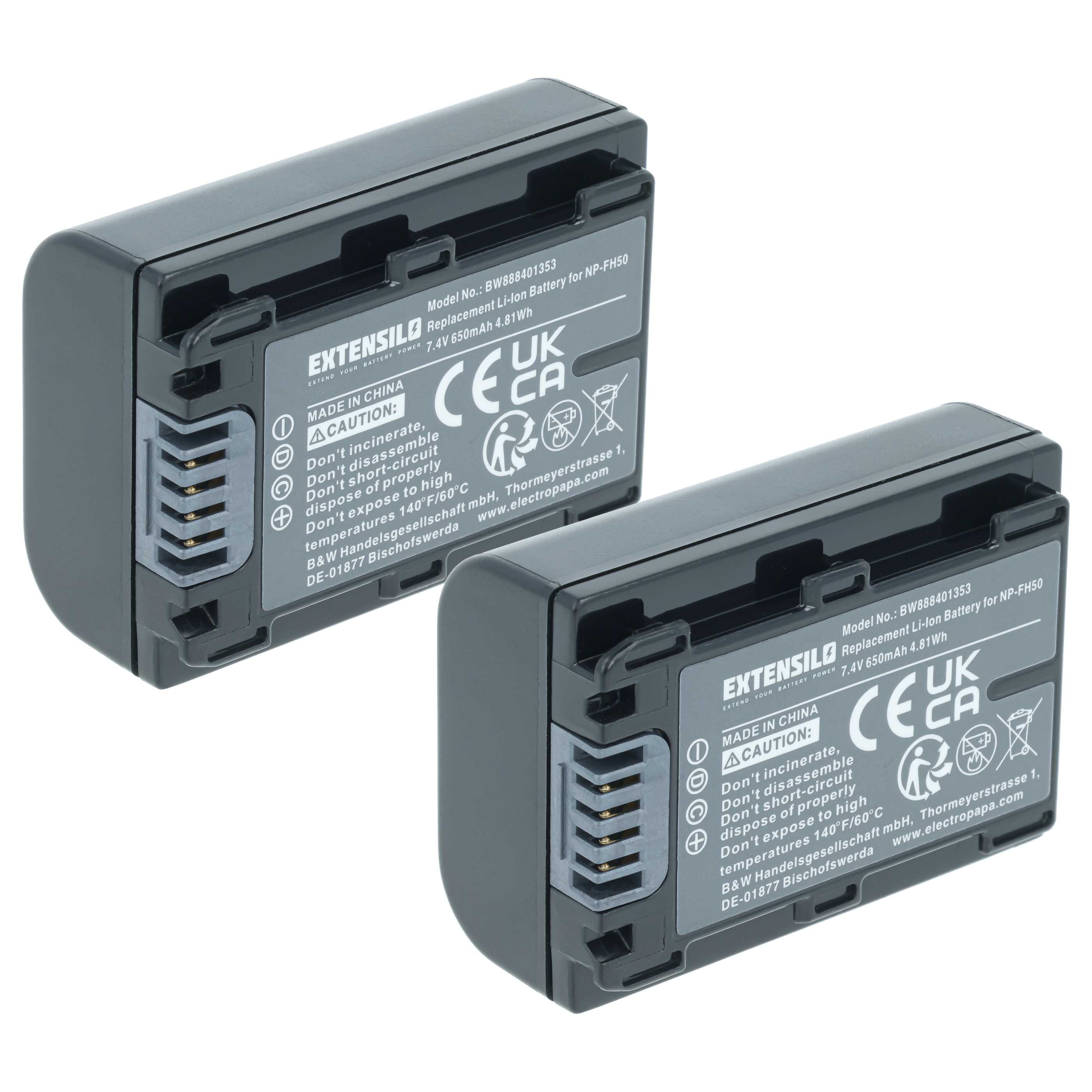 Kamera-Akku (2 Stück) als Ersatz für Sony NP-FH70, NP-FH40, NP-FH100, NP-FH50 für Sony - 650mAh 7,2V Li-Ion