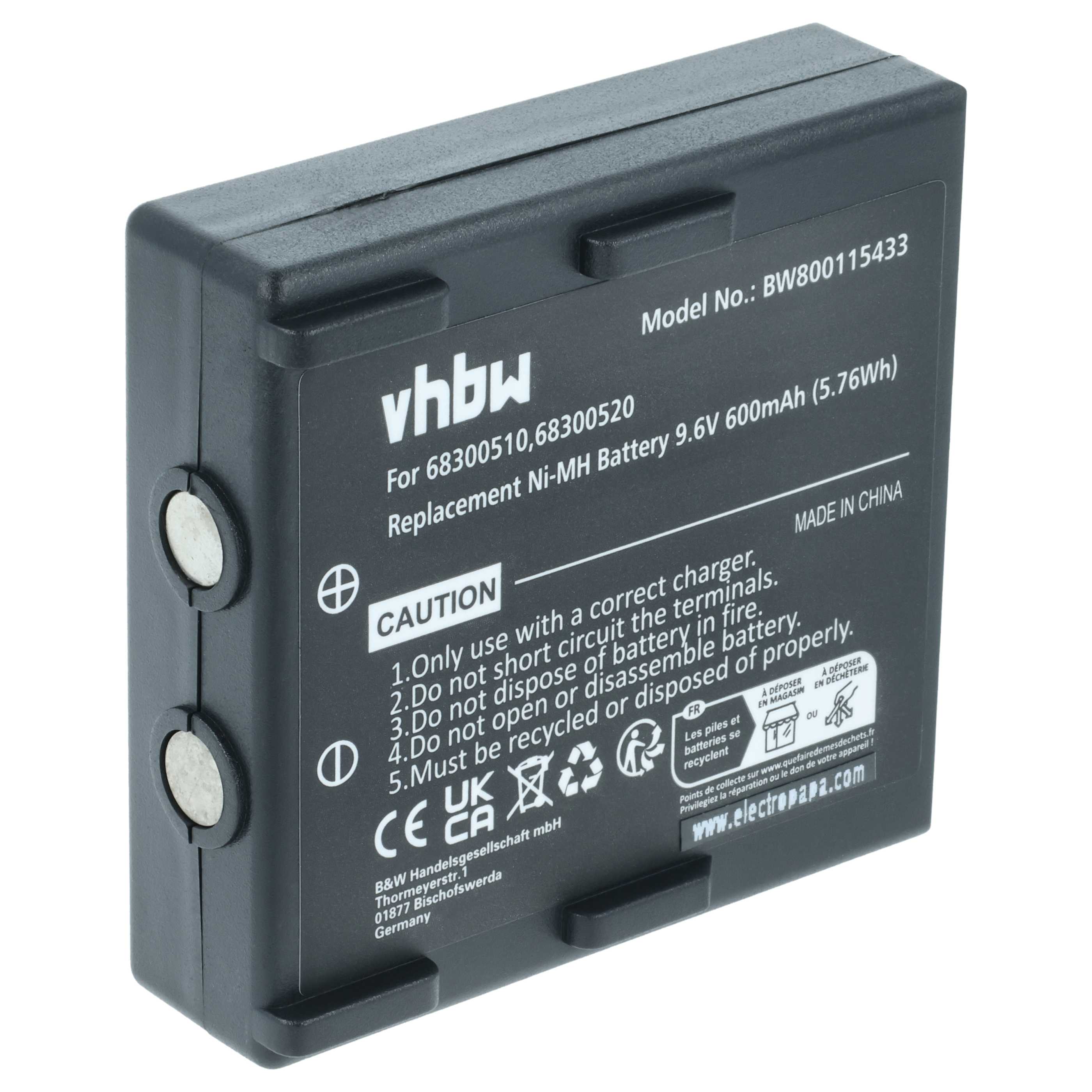 Batería reemplaza Abitron 68300510, 68300520, 68300525, 68300530, HE520 sistema control - 600mAh 9,6V NiMH