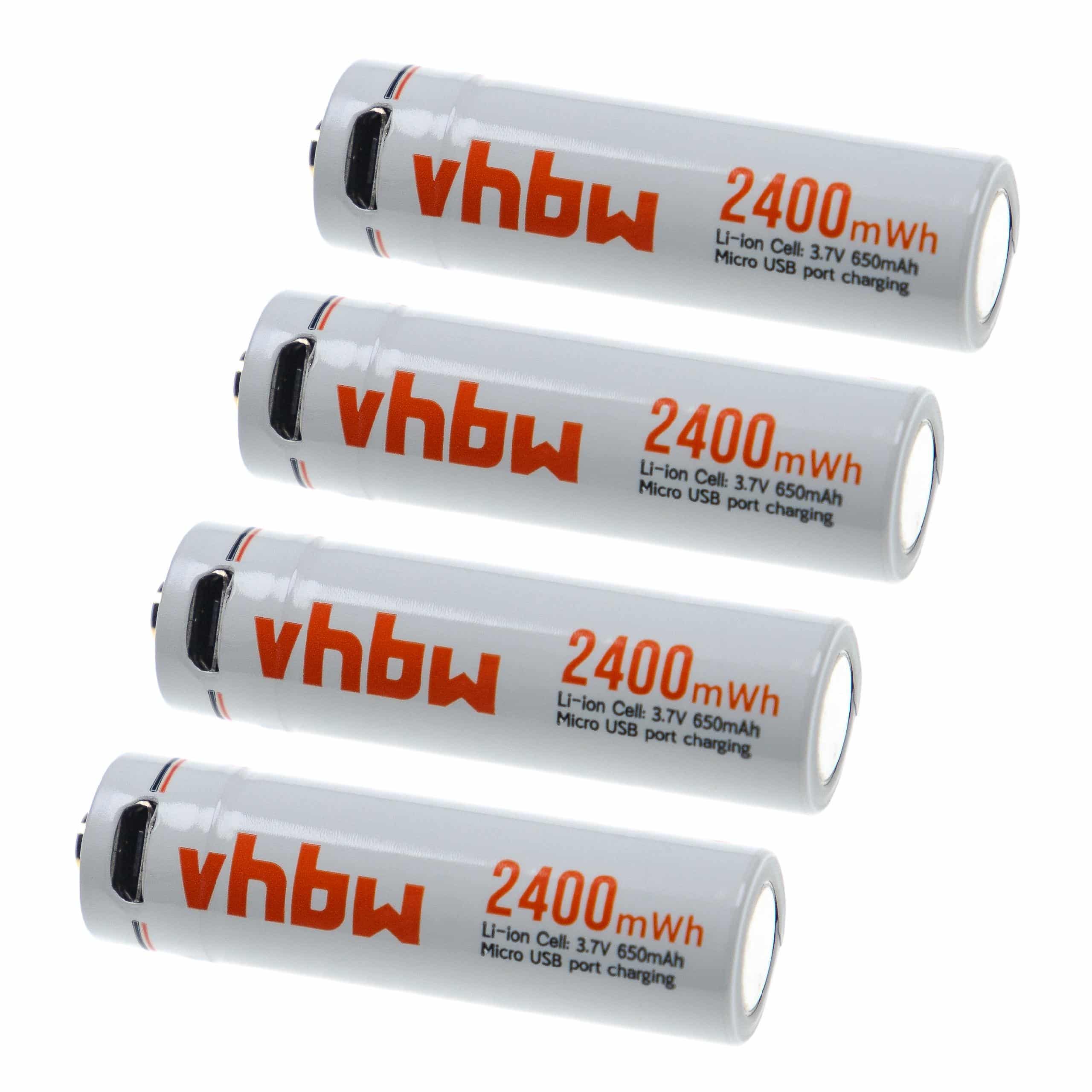 vhbw 4x Piles rechargeables AA mignon (AA) - Avec prise micro-USB, 650 mAh, 3,7 V, Li-ion