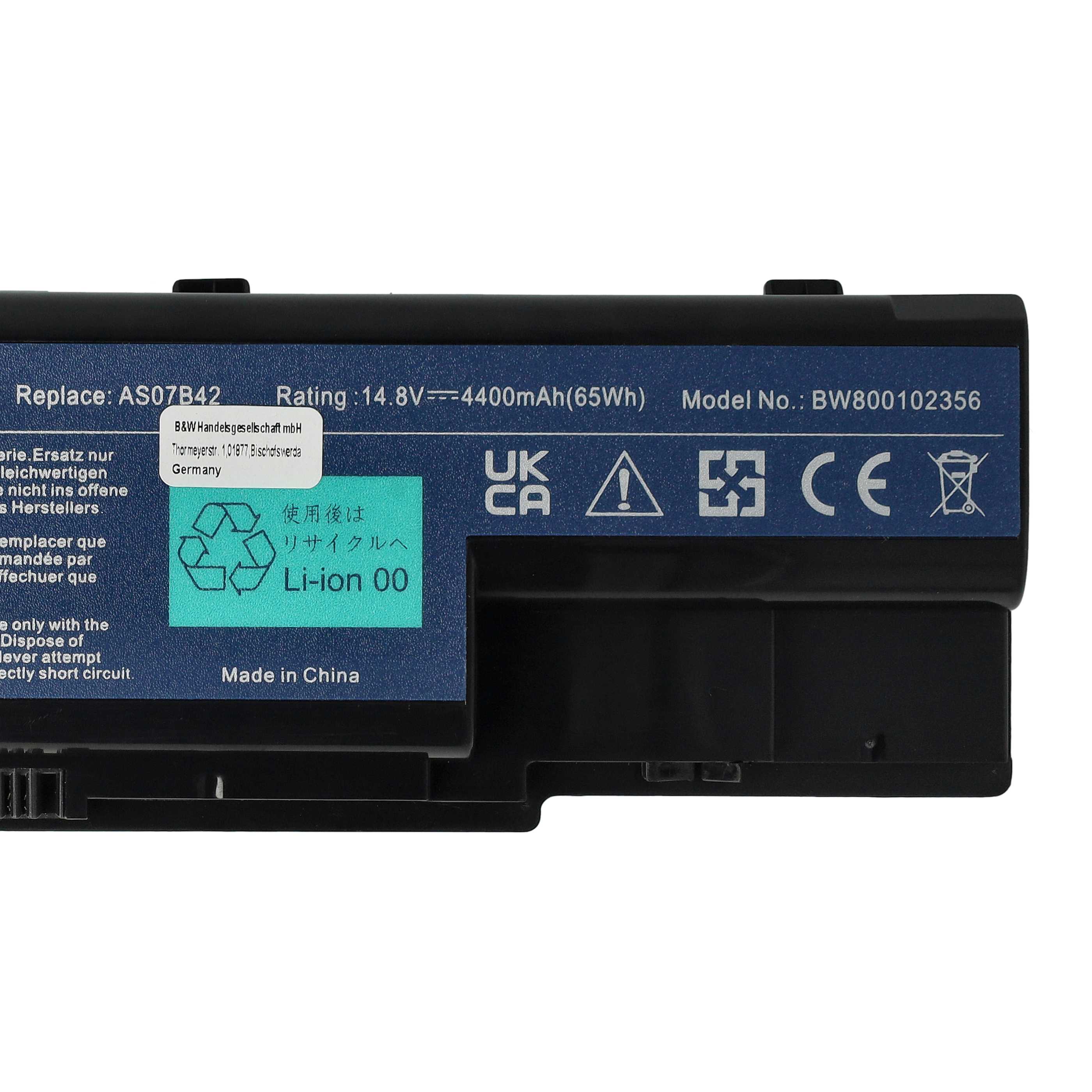 Notebook Battery Replacement for Acer 01AS-2007B, AS07B32, AK.006BT.019 - 4400 mAh 14.8 V Li-Ion, black