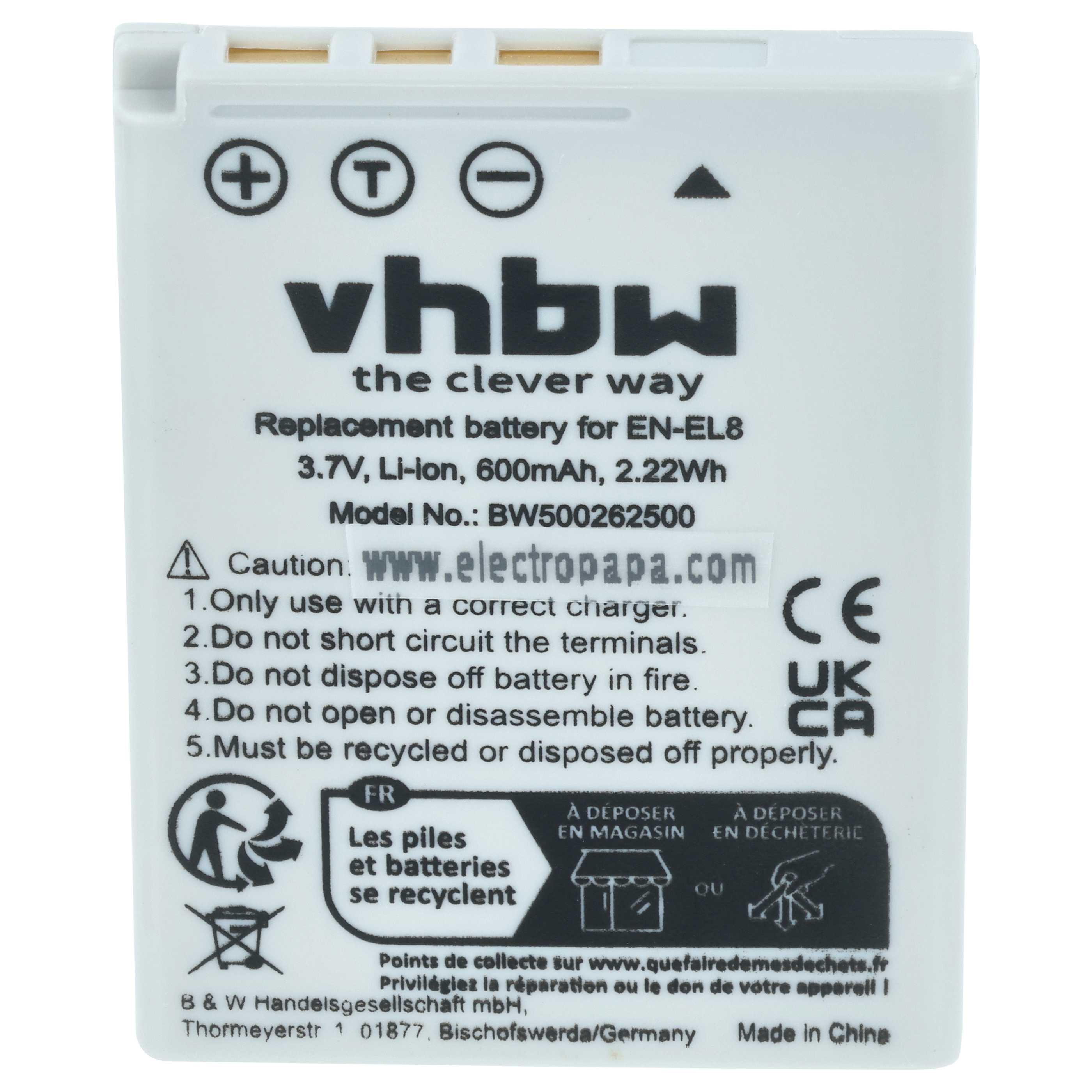 2x Battery replaces Nikon EN-EL8 - 600mAh, 3.6V, Li-Ion